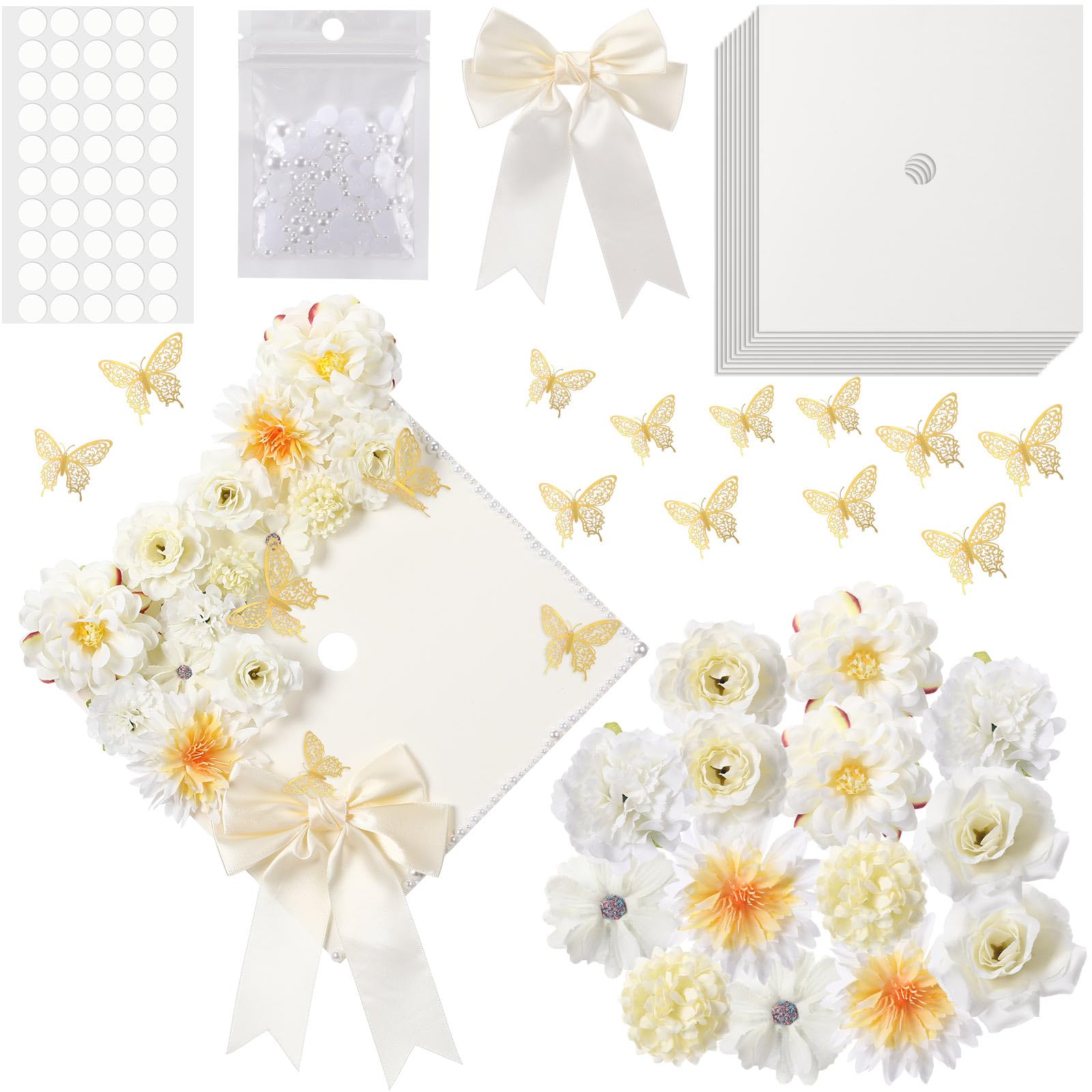 MotiMind 41 Pcs DIY Graduation Grad Cap Decoration Kit 12 Cream Construction Paper with Artificial Flower Heads 3D Butterfly Stickers Pearl Adhesive