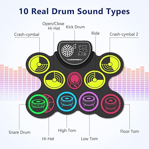 Miniatura 2 de Juego de batería electrónica, 10 almohadillas enrollables, kit de batería de práctica con conector para auriculares, altavoces integrados, pedales