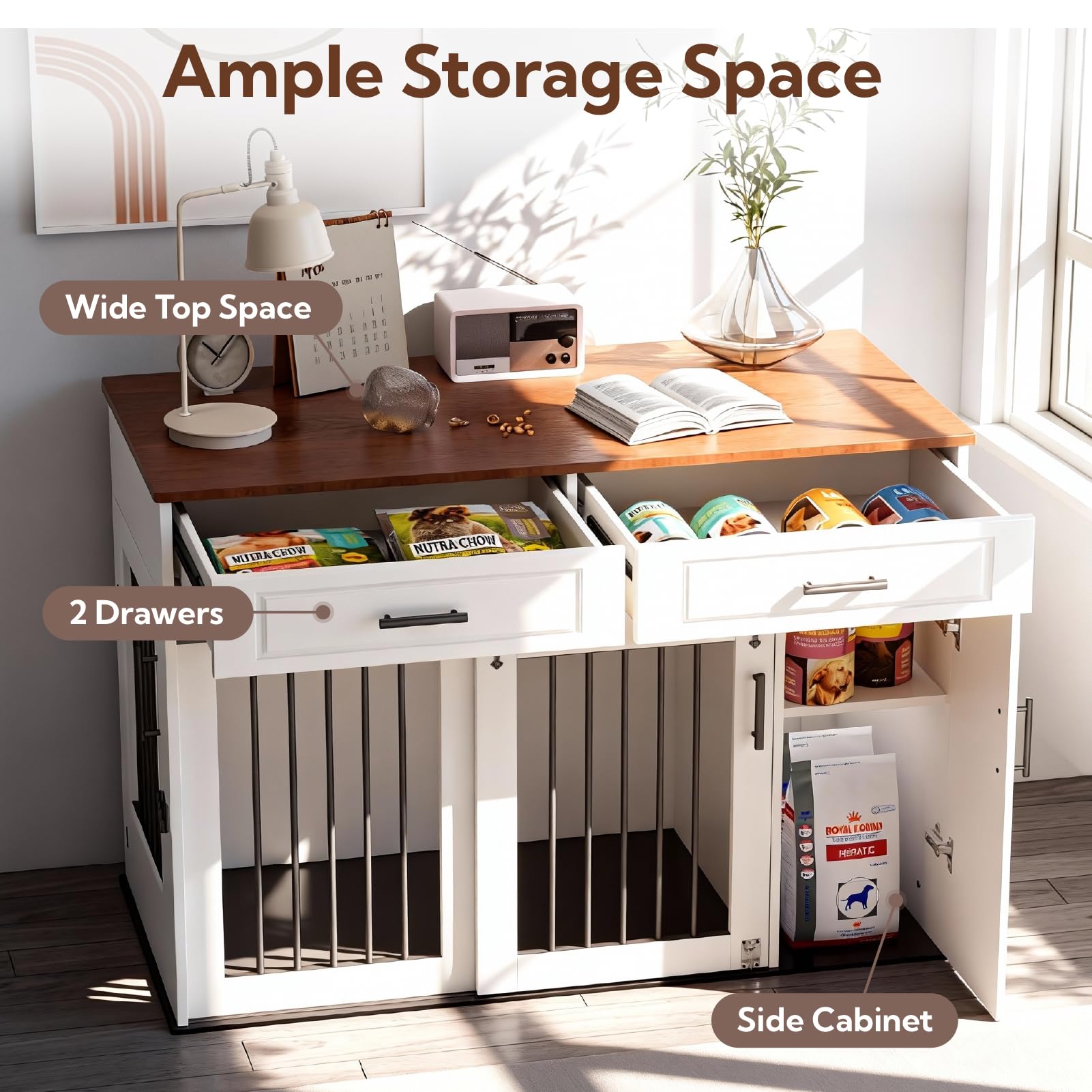 Möbelstil Hundebox, Holzbox mit Schiebetüren, Hundehütte mit 2 Schubladen und Lagerung Schrank, 2-türige Hundekiste für mittelgroße/große Hunde, Indoor Tierhaus, Weiß