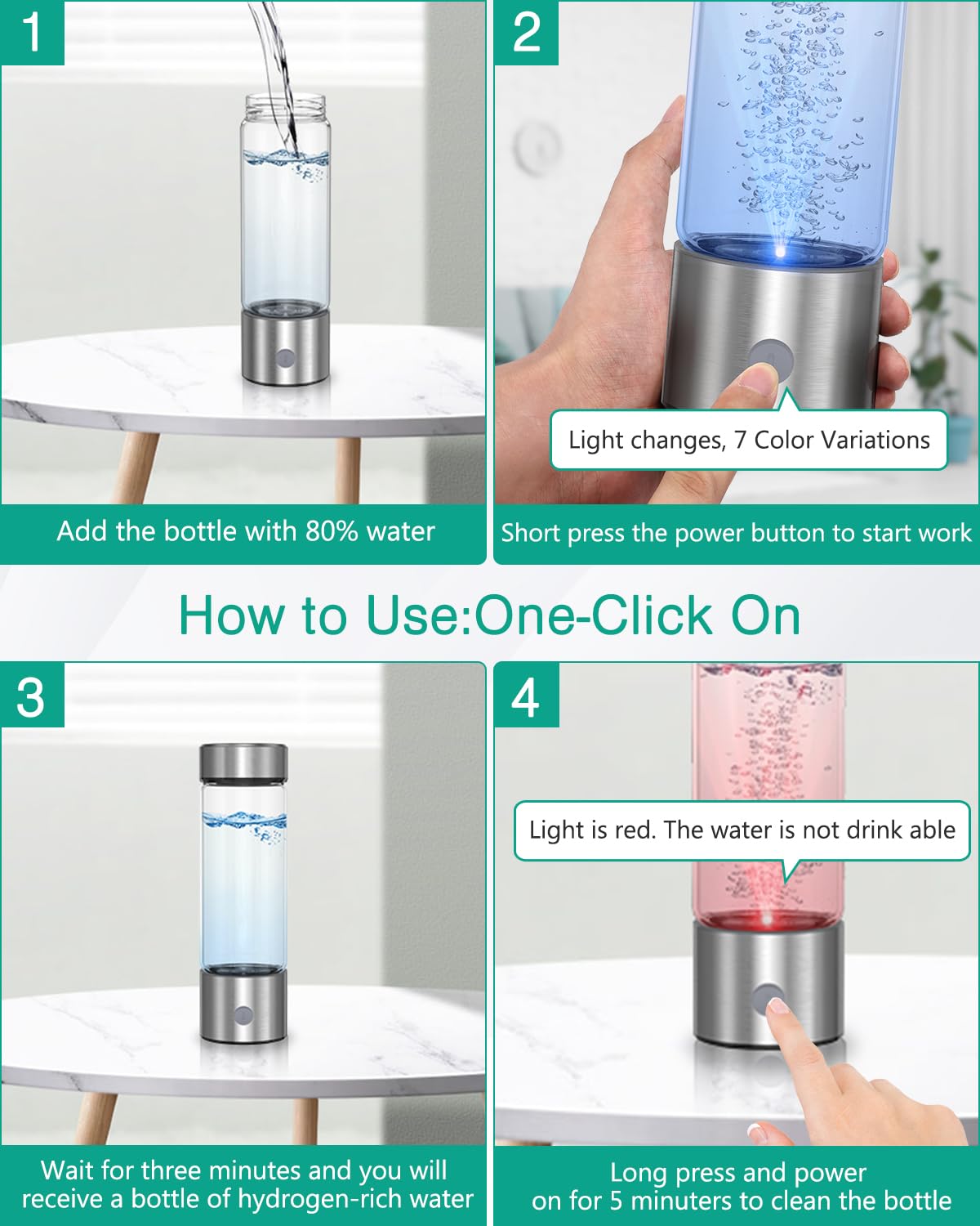 ORIA Bouteille Hydrogène Portable 460 ml, Technologie SPE/PEM | Électrolyse Rapide en 3 Min, Verre 1600 PPB, pour Bureau, Salle de Sport, Voyages