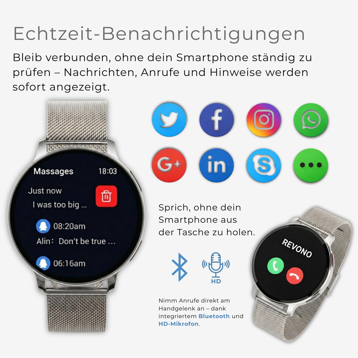 Smartwatch Damen, Telefonfunktion - Round 1.39", Silber