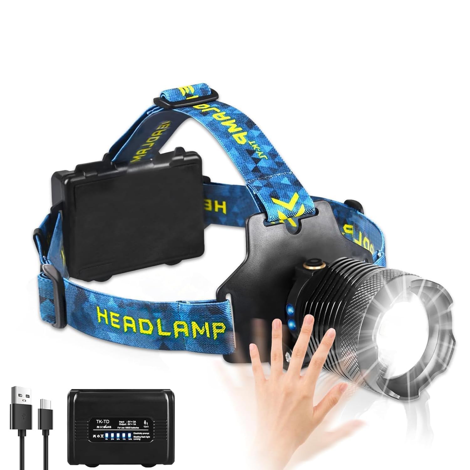 LED Rechargeable Head Torch, 30W White Laser Beads Flashlight, Super Bright 3000 High Lumen with 3 Modes Waterproof Zoomable Head lamp,90° Adjustable for Outdoor Exploring Cycling, Fishing, etc.