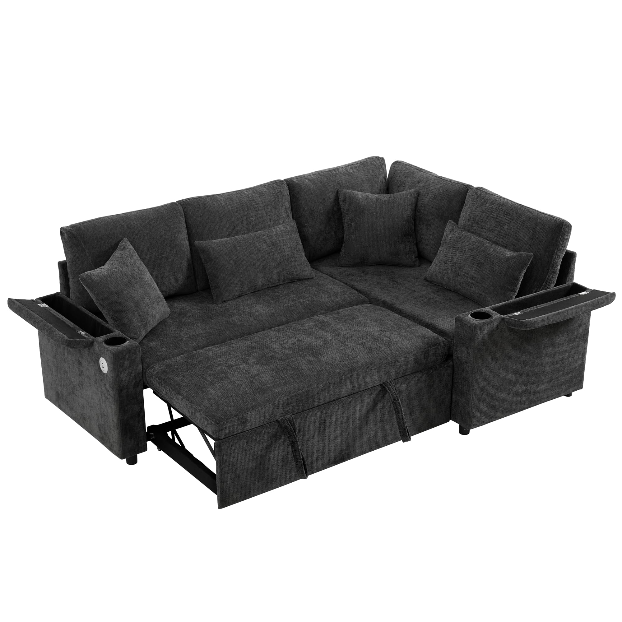 Lubvtti Divano letto 3 posti con vano contenitore,portabicchieri,porta USB, bracciolo portaoggetti e quattro cuscini,Divano angolare estensibile a L,divano 3 posti,ciniglia(D-Grigio)