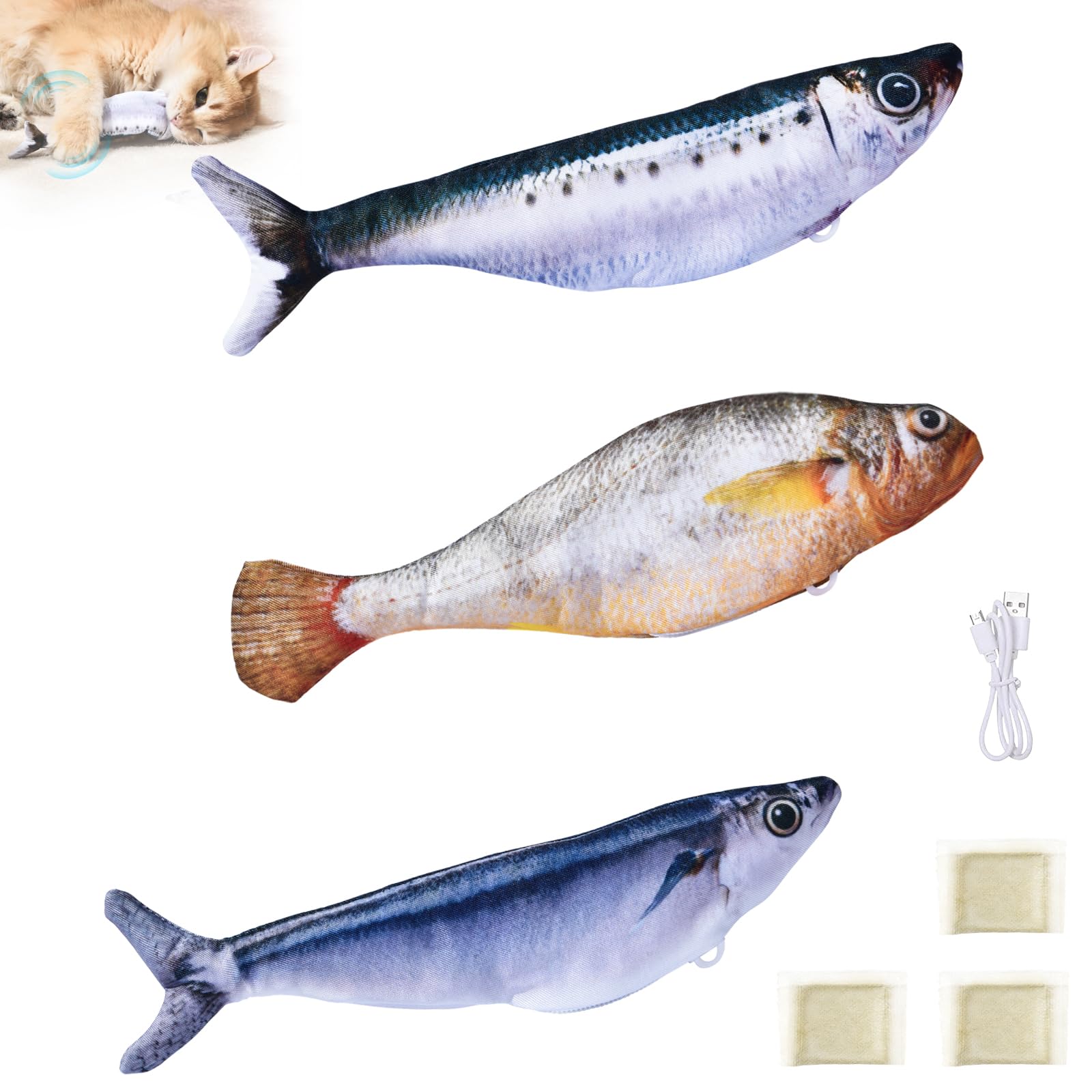 Iriisy Floppy Fish Cat Toys - 3 Pack, 7.1" /18cm Realistic Interactive Cat Moving Fish Toys with Catnip, Touch Activated 3 Modes USB Rechargeable for Indoor Cats Adult Kitten (Sardine/Saury/Croaker)