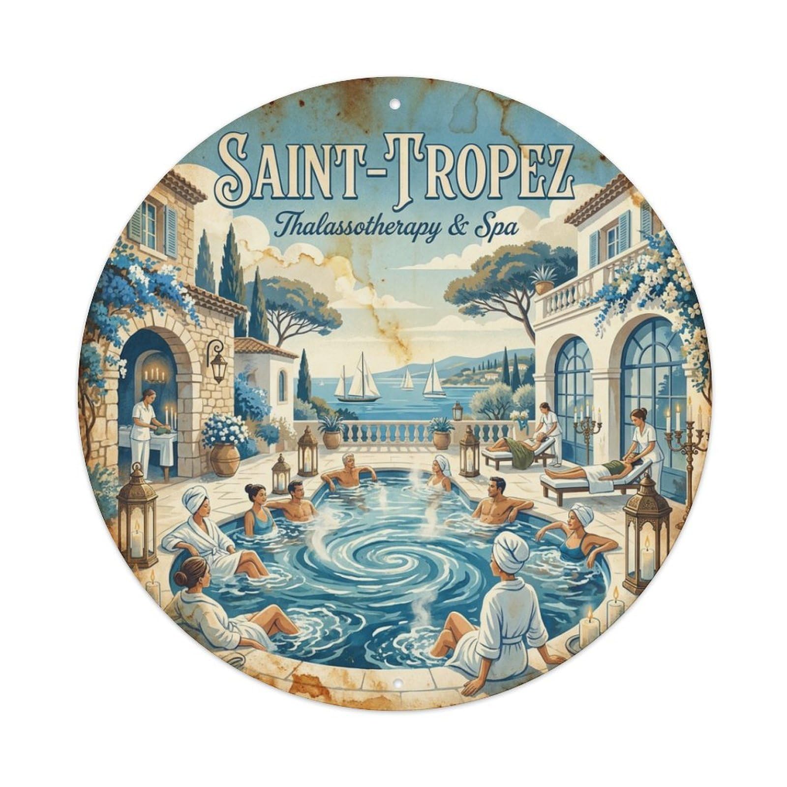 France Saint Tropez Travel Mediterranean Spa Courtyard Metal Tin Sign