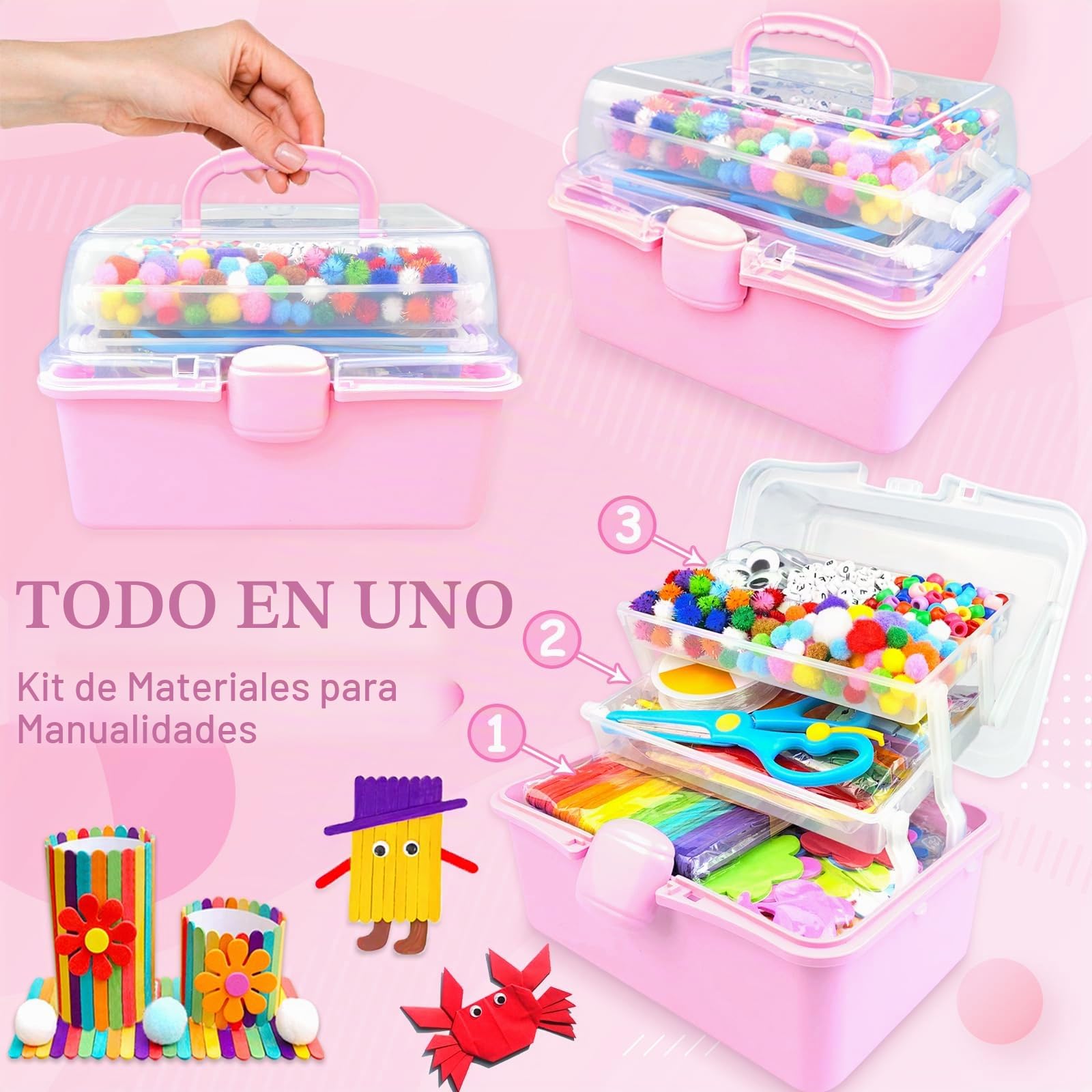 BNUZEIYI 3000 Manualidades Niños Kit Manualidades Caja con Limpiapipas Material para Niños de 4-6 6-8 8-12 años Material Escolar DIY Set Juguetes Regalos para Niñas, Rosa