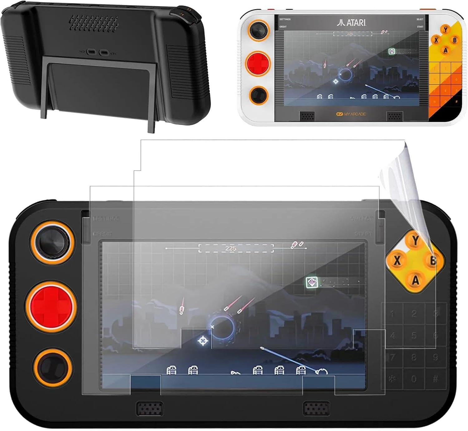 Case Cover For My Arcade Atari Gamestation Go Handheld Game Console with 2 Pack PET Screen Protector, Slim Soft Silicone Protective Skin Case, Anti-Scratch,Shockproof,Black