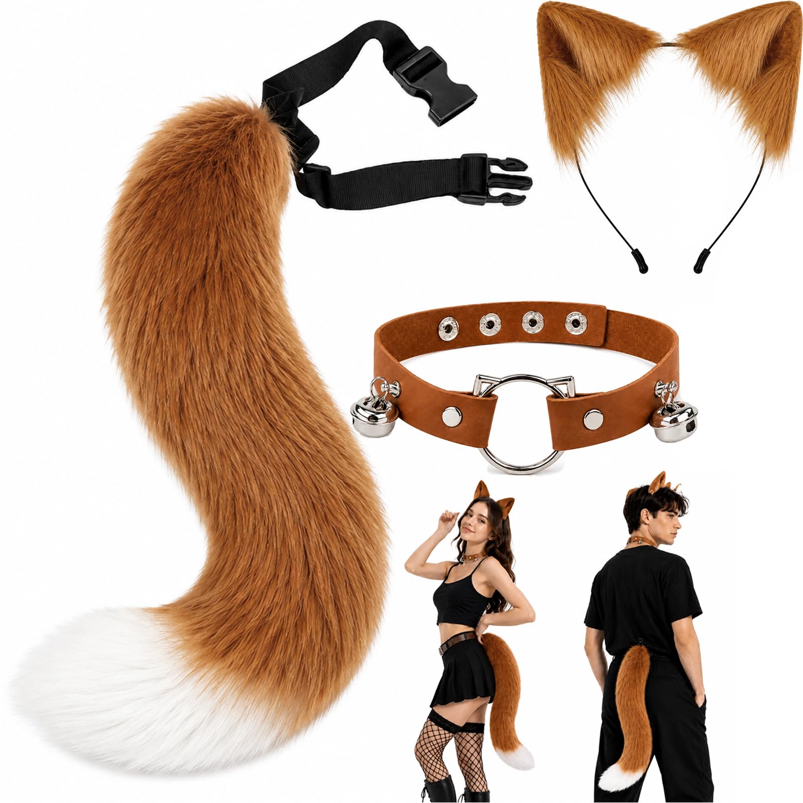 Fox Tail And Ears Costume Set With Bell Collar, Brown, 3-Piece, 50 cm