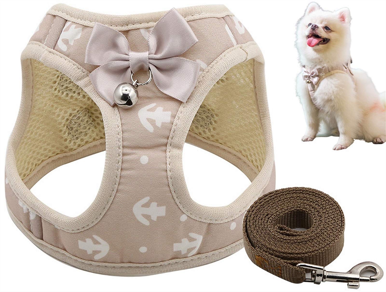 DHGTEP Tartan Dog Harness, Soft Dog Harness and Lead Set with Cute Bow Tie ＆ Bell for Puppy Small Dogs Large Cats (Color : Beige, Size : Xl)