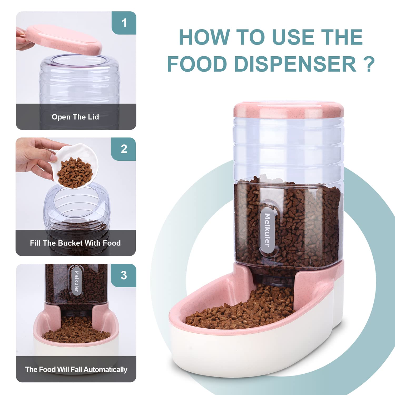 Distributore automatico di cibo da 3,8 l, con pala, dispenser di acqua da 3,8 l, mangiatoia per cani, gatti, animali domestici (rosa)