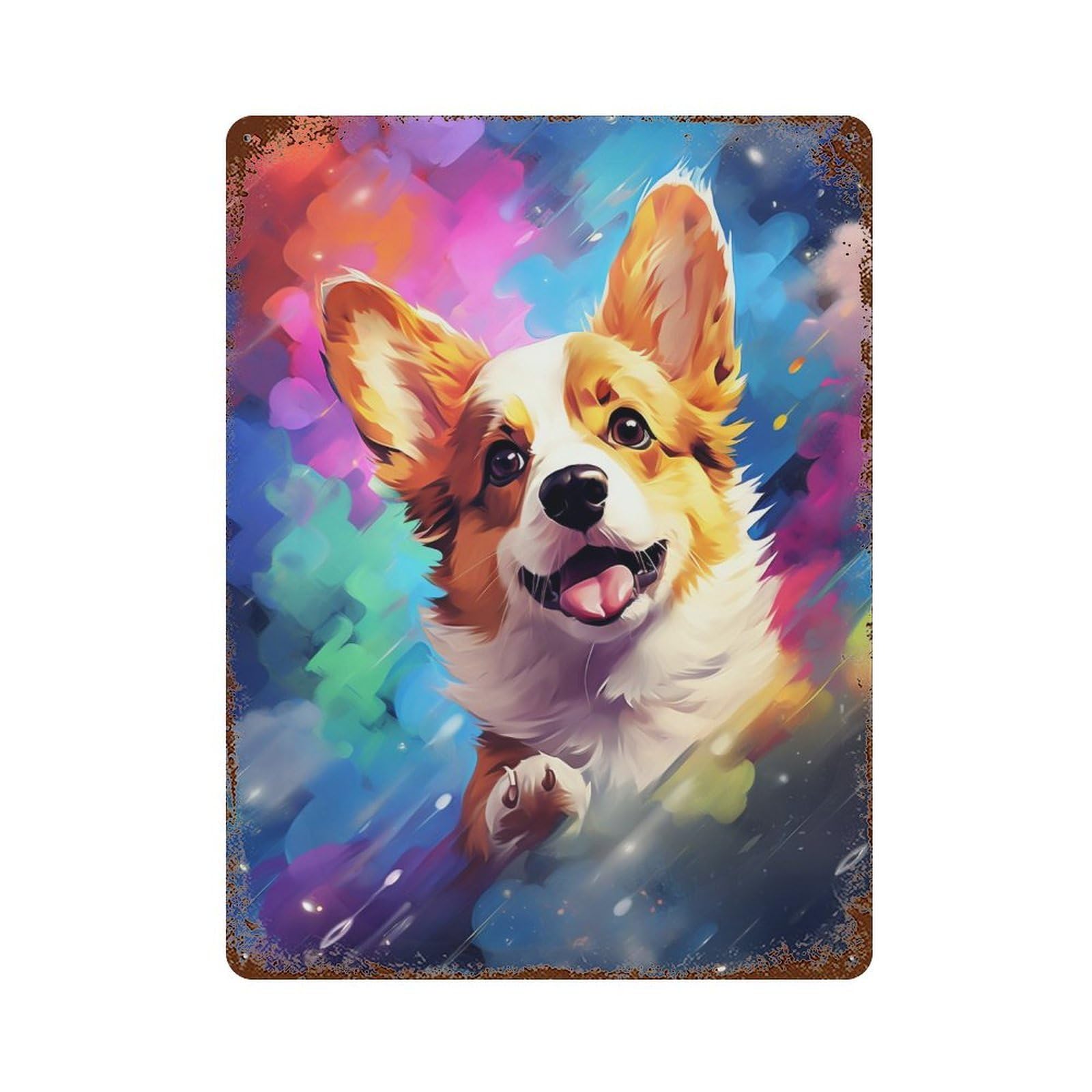 Rust Effect Colorful Corgi Art Print -2 Rustic Tin Plaque 15.7"x11.8", Industrial Home Decor for Bistro, Counter And Cafe Decor