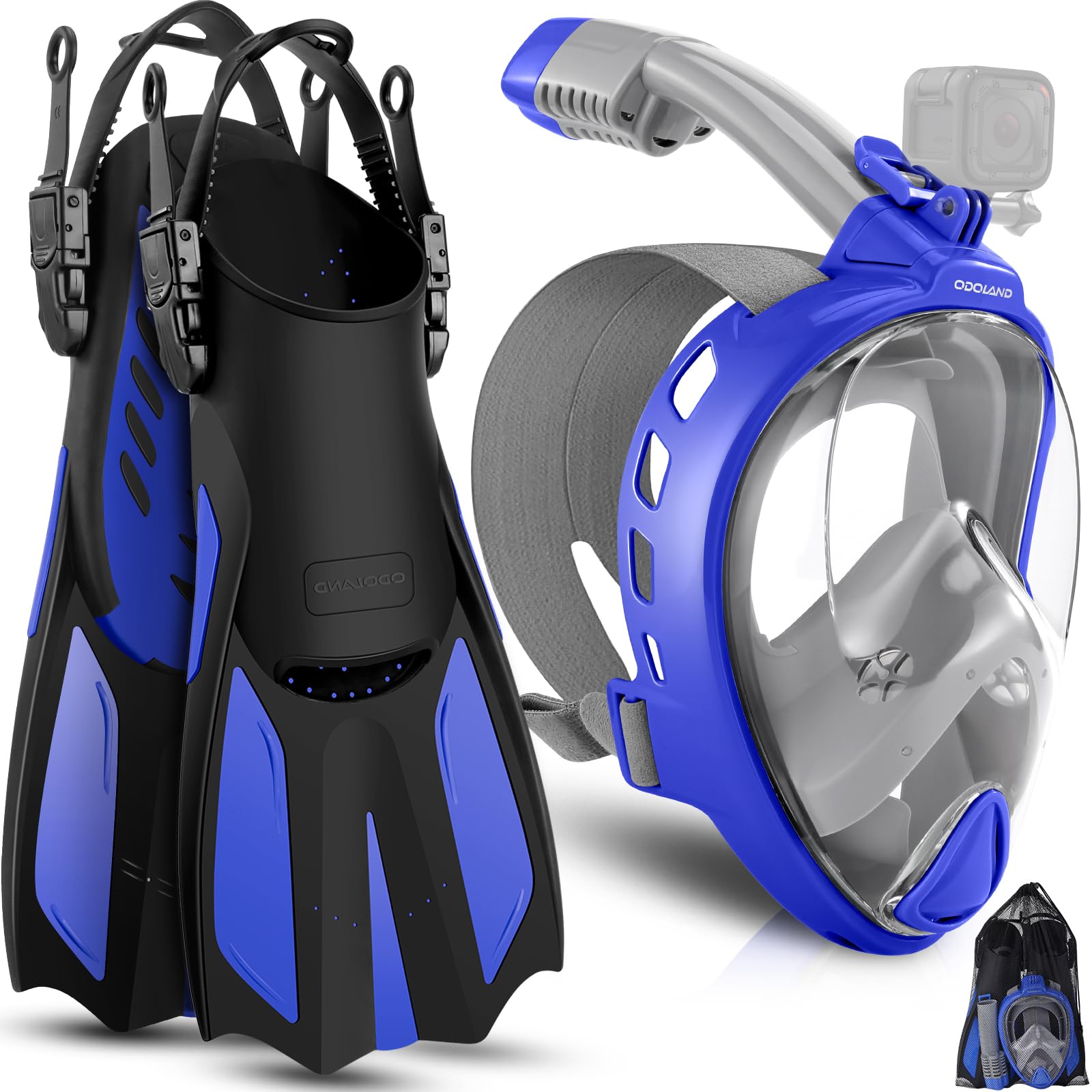 Odoland Snorkeling Packages for Adults & Youth, Full Face Snorkel Mask with Camera Mount, Adjustable Swim Fins, Mesh Bag, Anti-Fog Anti-Leak Scuba Diving Gear for Men & Women Deep Blue S(Mas