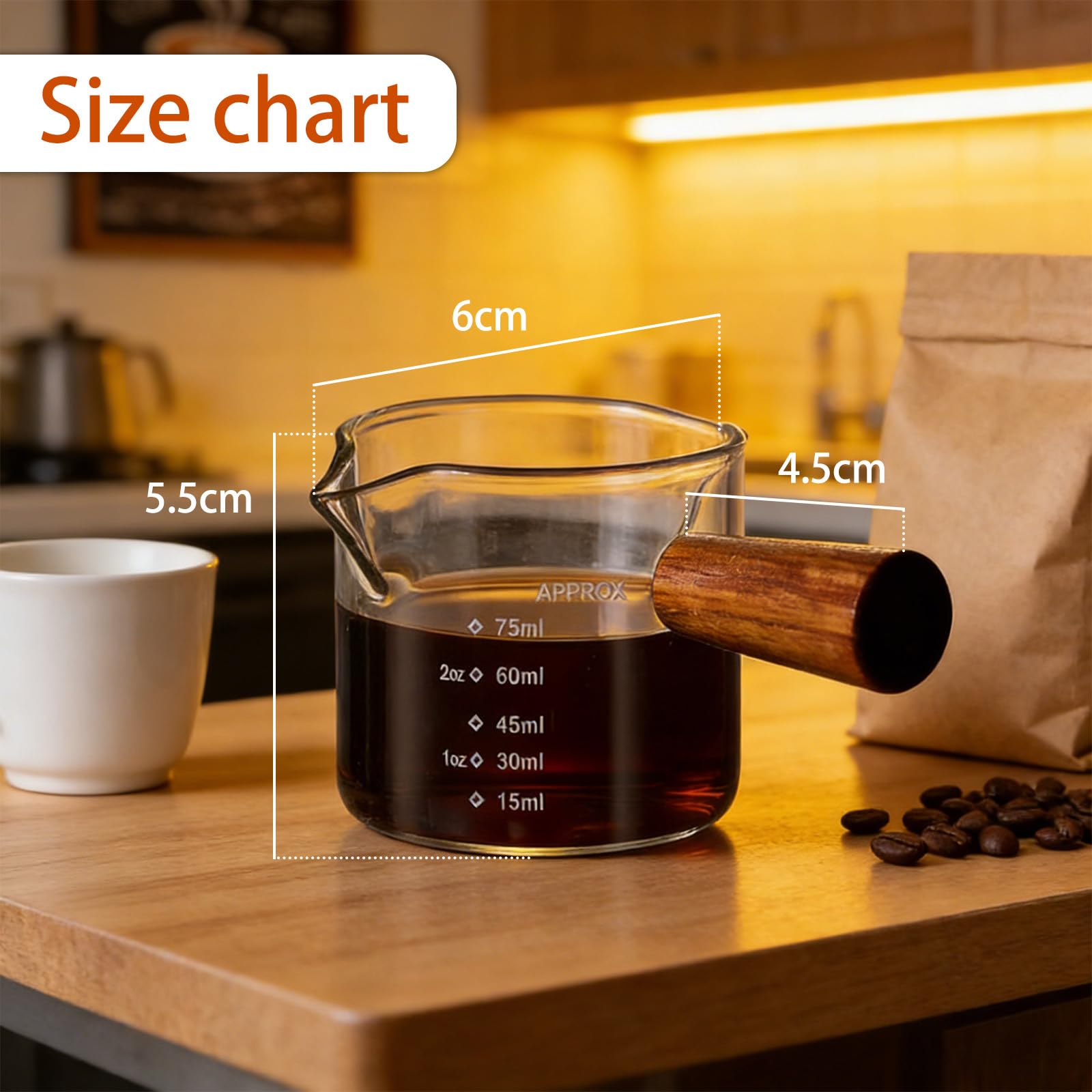 2 kubki z miarką do espresso, z drewnianym uchwytem, 75 ml, podwójny nalewak w kształcie litery V, podwójny nalewak, przezroczyste szkło, dzbanek do spieniania mleka, mały kubek do pomiaru