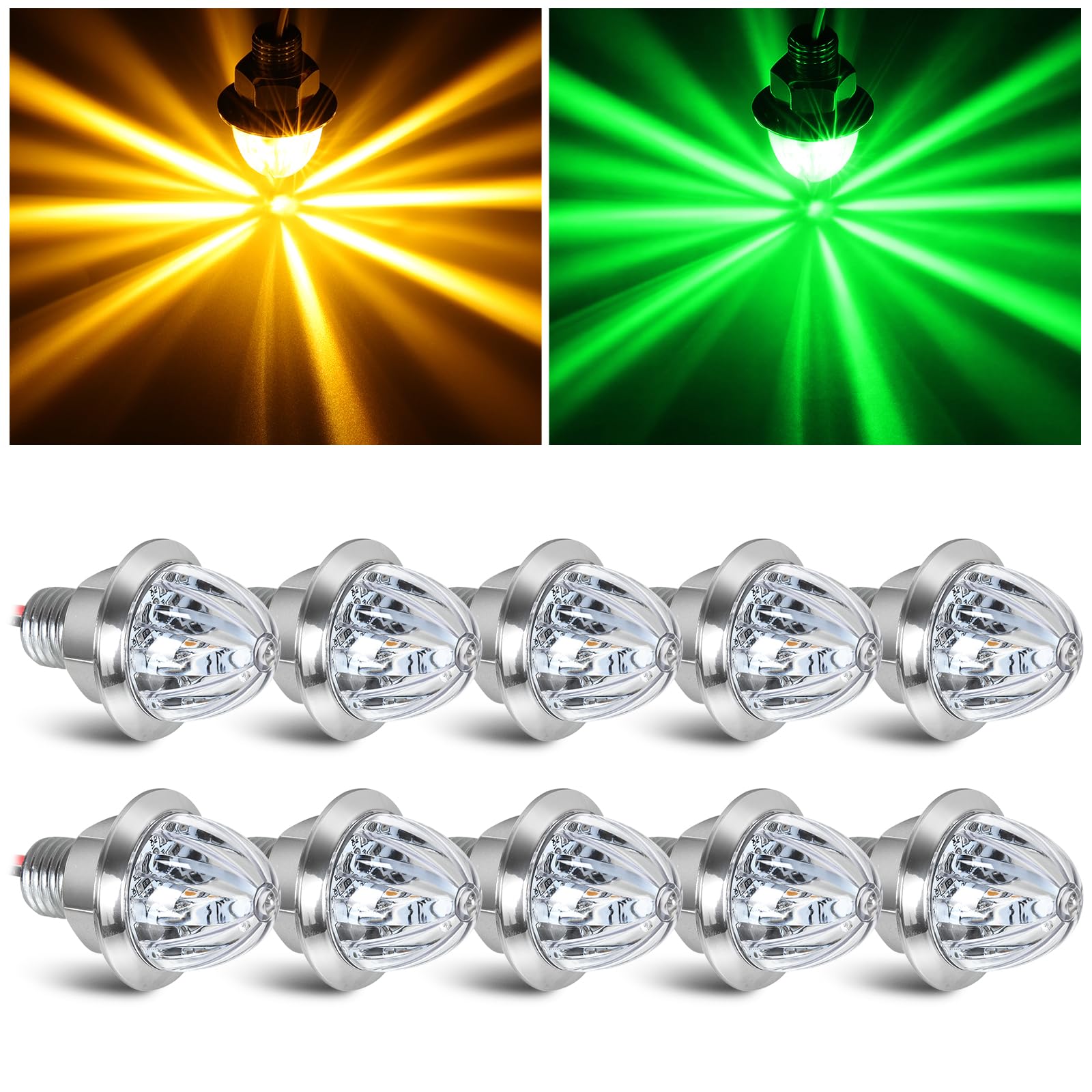 10PCS Mini Watermelon Lights, 3/4 Inch Dual Revolution Amber Turn Signal Marker to Green Auxiliary LED Watermelon Light, IP65 Waterproof Side Clearance Tail Griller Lights, for 12V Trailers Trucks RV