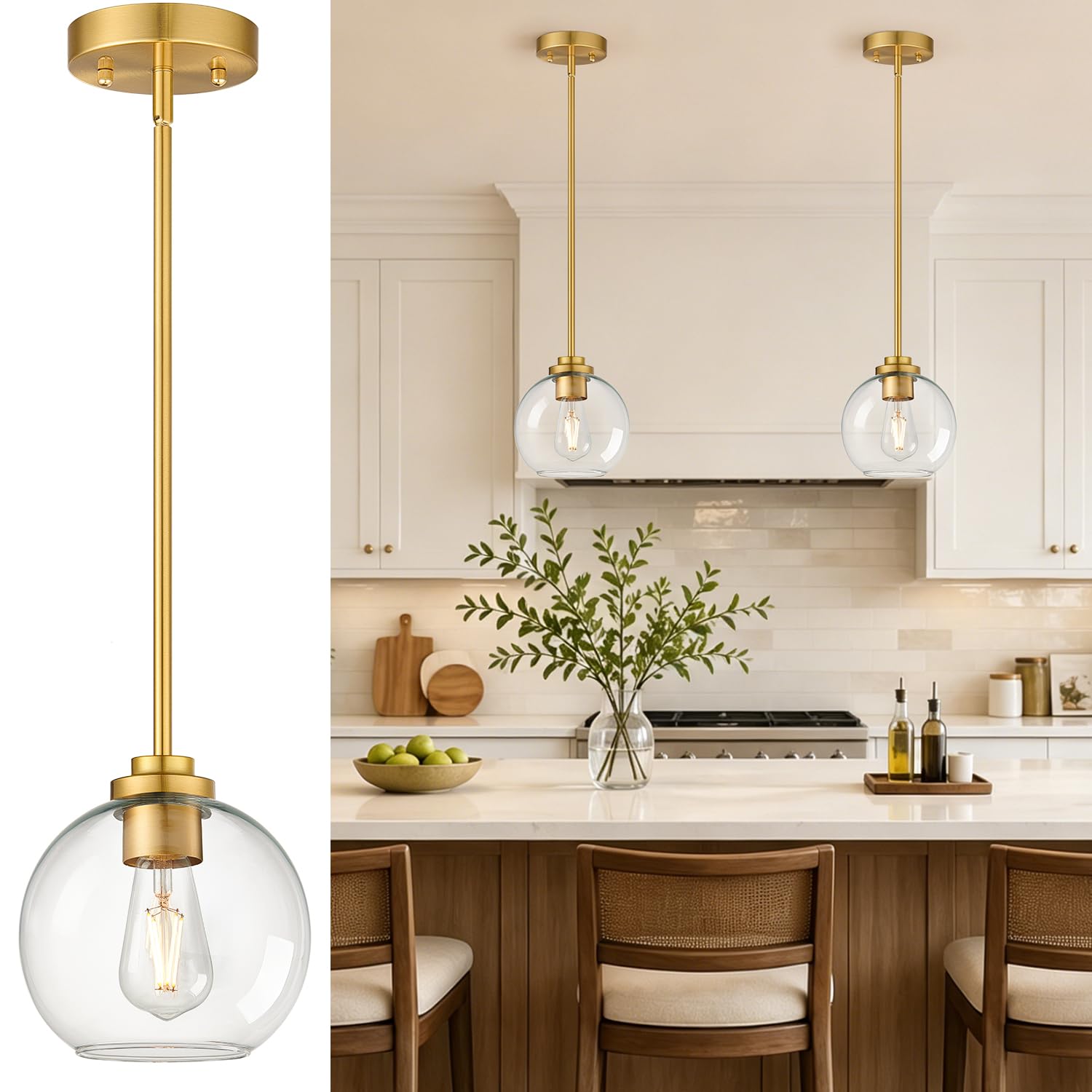 Photo 1 of 2 Pack Gold Globe Pendant Lights, Mid Century Gold Pendant Light Fixtures, Globe Pendant Lights Kitchen Island with Clear Glass Shade Adjustable Hanging Fixture for Dining Room (Bulbs not Included)