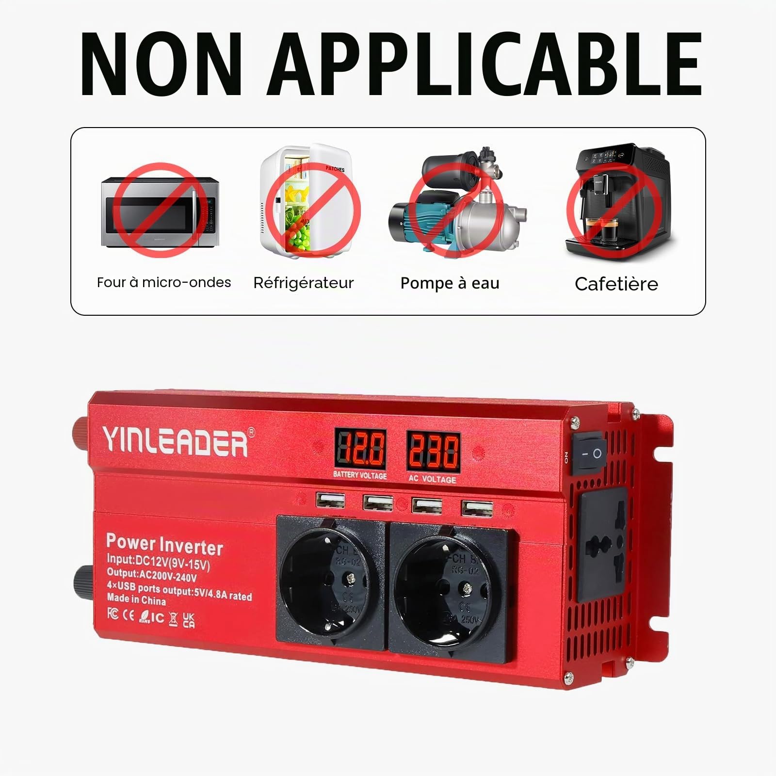 Convertisseur de tension 12 V 230 V 1000 W/2000 W Onduleur avec 2 prises et 4 voyants de tension LED USB