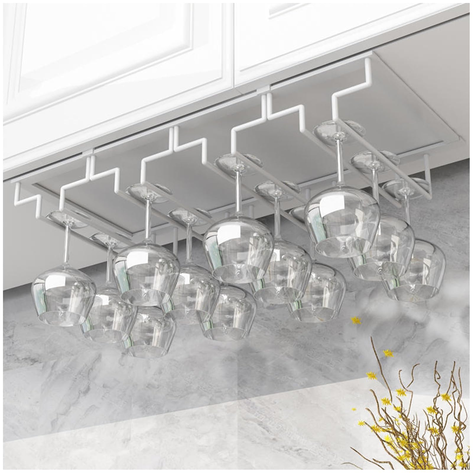 Metal Hanging Wine Glass Rack, Wine Glass Holder Under Shelf, Wine Glass Storage Under Cabinet No Drilling for Cabinet and Bar (Color : White, Size : B)