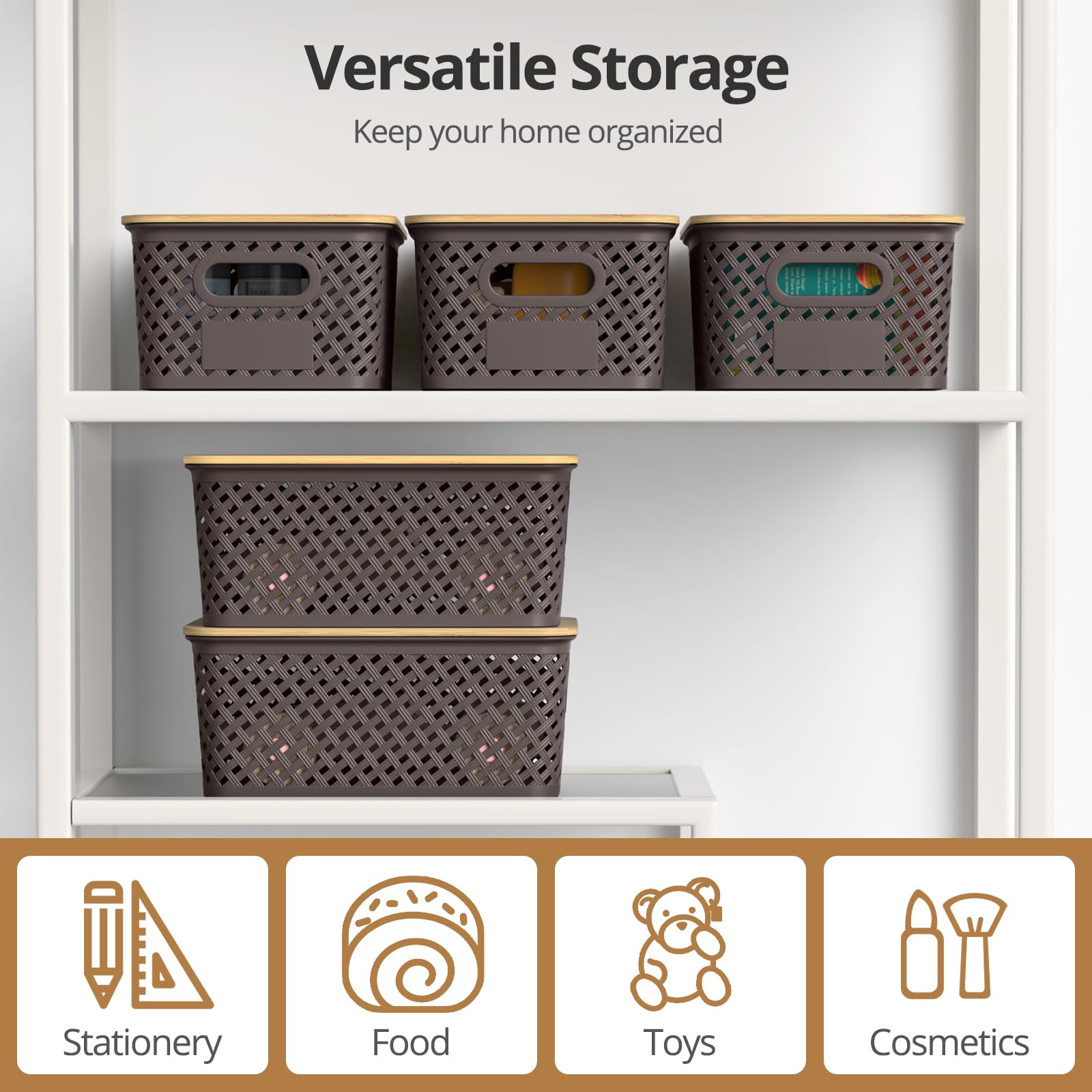 Hltsor Plastic Storage Bins With Bamboo Lids Stackable Storage Baskets Organizing Shelves Drawers Desktop Closet Playroom Classroom Office Storage Contain