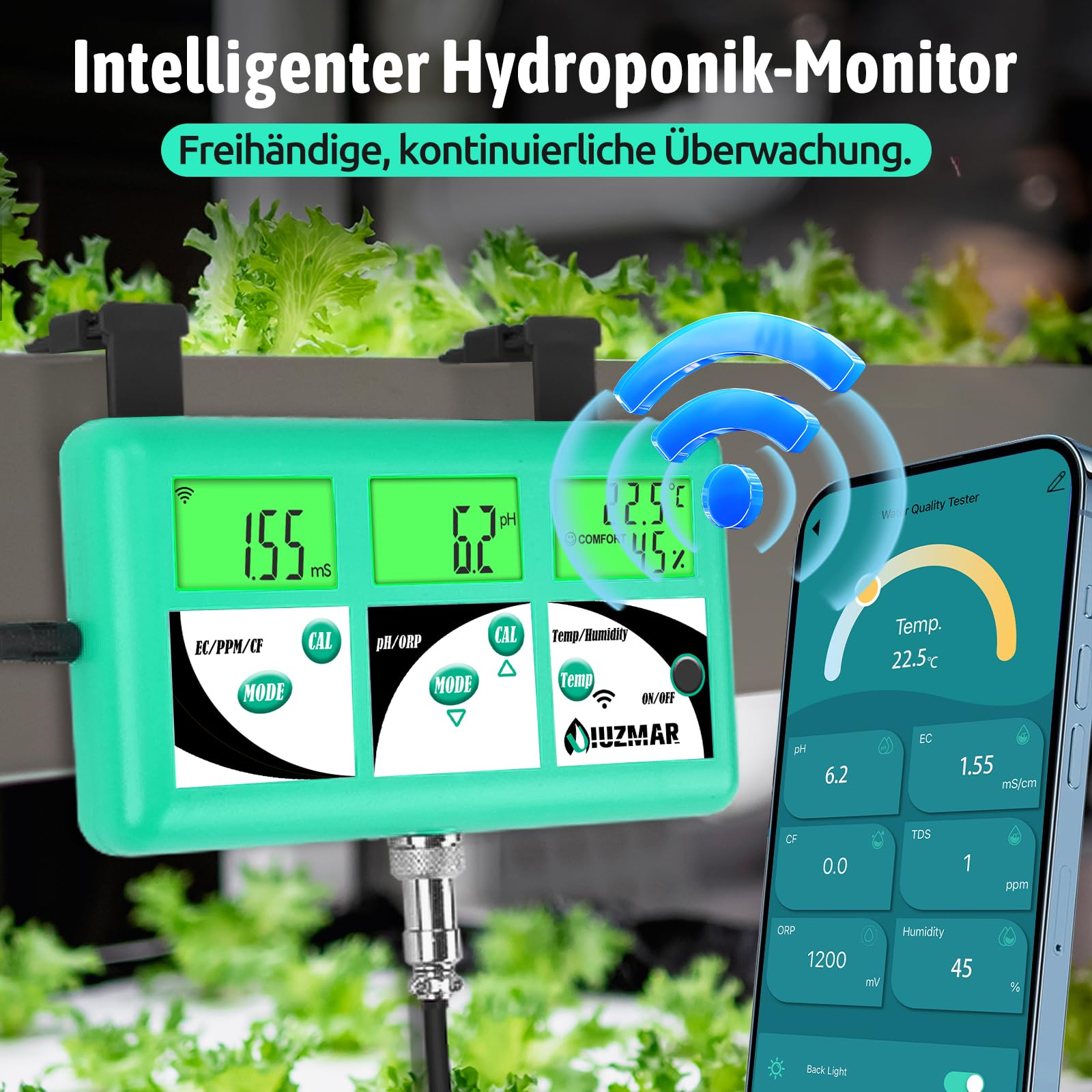 UIUZMAR pH EC TDS Messgerät für Hydrokultur, 7 in 1 pH EC PPM 500 PPM 700 CF Temperatur Luftfeuchte Monitor für Aeroponik, Kontrolle des Leitfähigkeits pH Werts der Hydrokultur Nährlösung