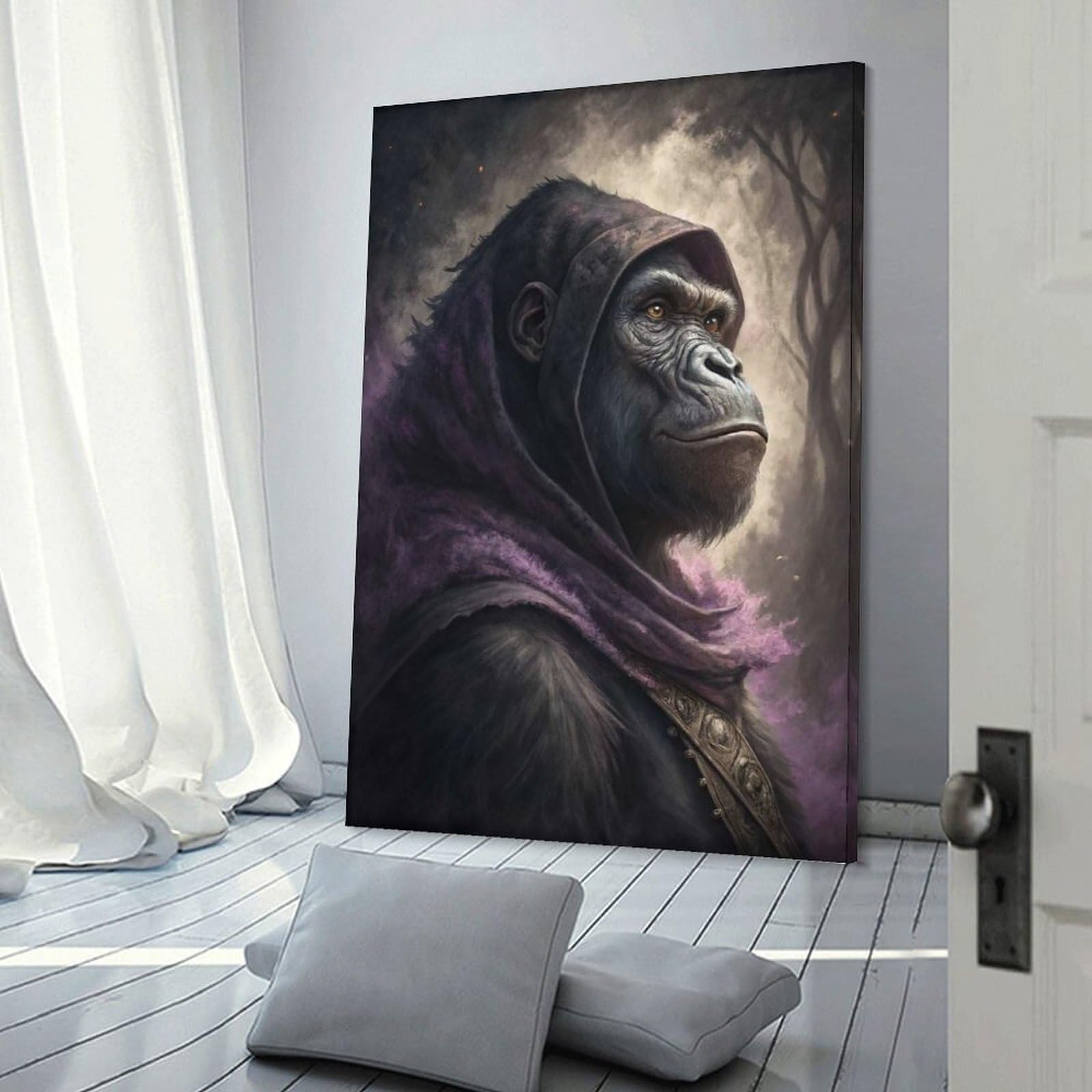 Junmoney Gorilla in A Purple Hood Hanging Wall Art 20x30inch(50x75cm), for New Homes, Bedrooms Or Workspaces, Thoughtful Wall Decor for Art Lovers