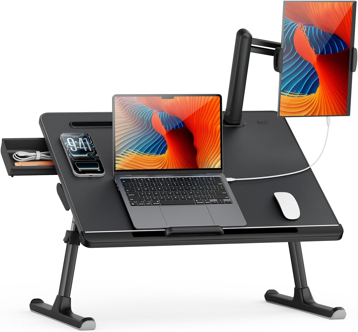 SAIJI Dual Screen Laptop Bed Desk | Foldable Adjustable Lap Desks for Adults, X-Large Couch Bed Tray Table with Portable Monitor Stand and Drawer - Image 9