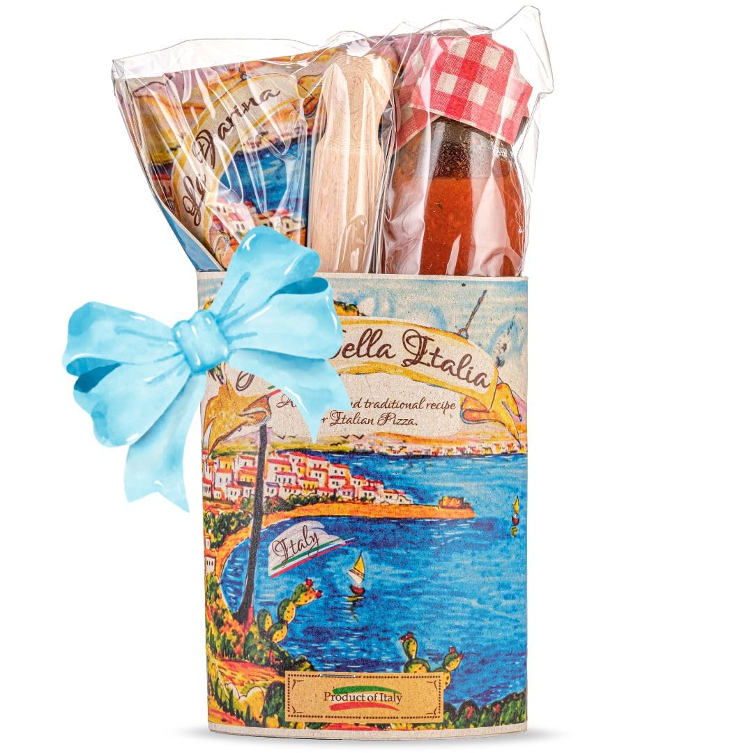 ARTIGIANI DEI SAPORI - Artisan Handmade Pizza Gift Set, Italian Pizza Mix Kit in Deluxe Packaging, Includes Flour, Rolling Pin, and Tomato Sauce