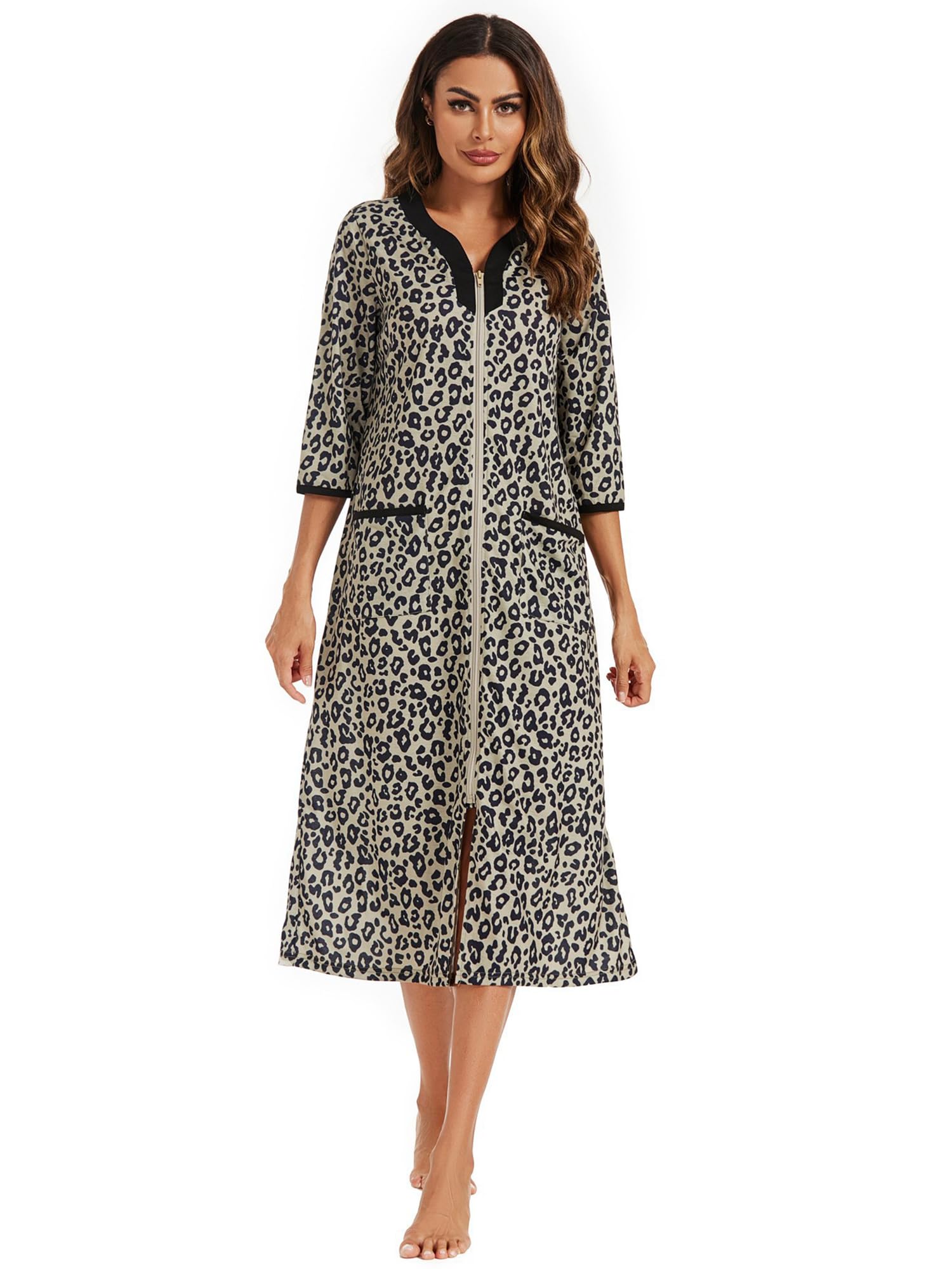 Verve Jelly Bata de baño con cremallera para mujer, manga 3/4, estampado floral, ligera, con bolsillos, ropa de descanso para mujer