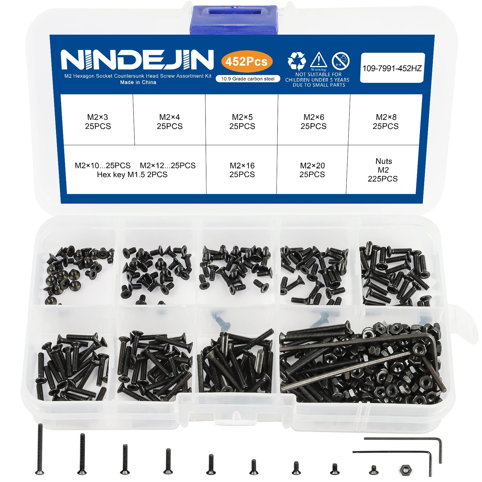 NINDEJIN M2 Screws, Metric M2-0.4 Flat Head Allen Socket Drive Screw, 452 pcs M2 Tiny Nuts Assortment Kit for 3D Printing Projects, RC Airplanes and Other Small Projects (9 Screw Lengths)