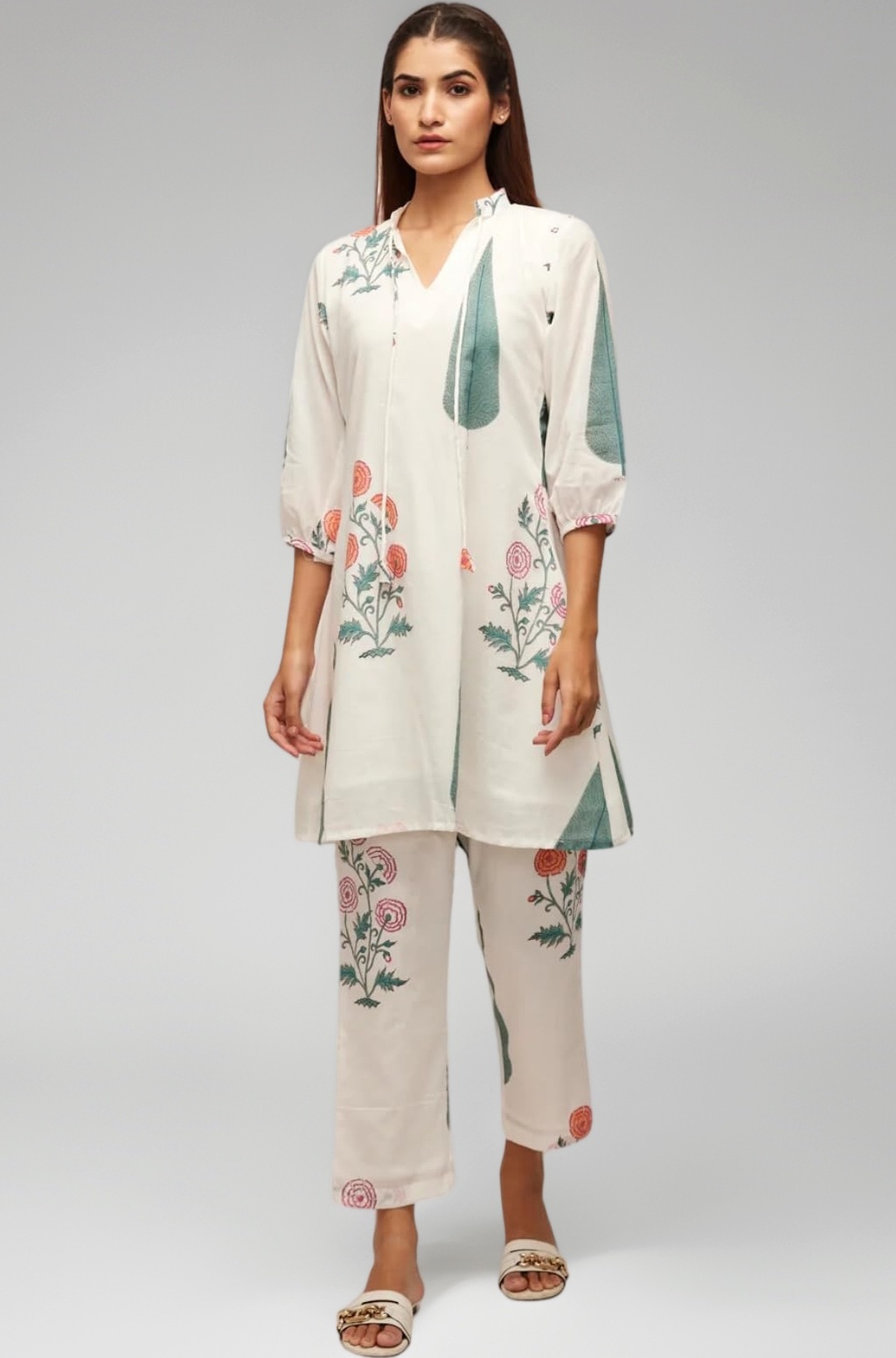 Leriya Fashion White Kurti Set For Woman | V-Neck Straight Kurta Sets for Woman | Summer Co ord Set For Women Stylish | Ethnic Anarkali Suit for Women | Floral Printed Kurtis 3/4 Sleeve