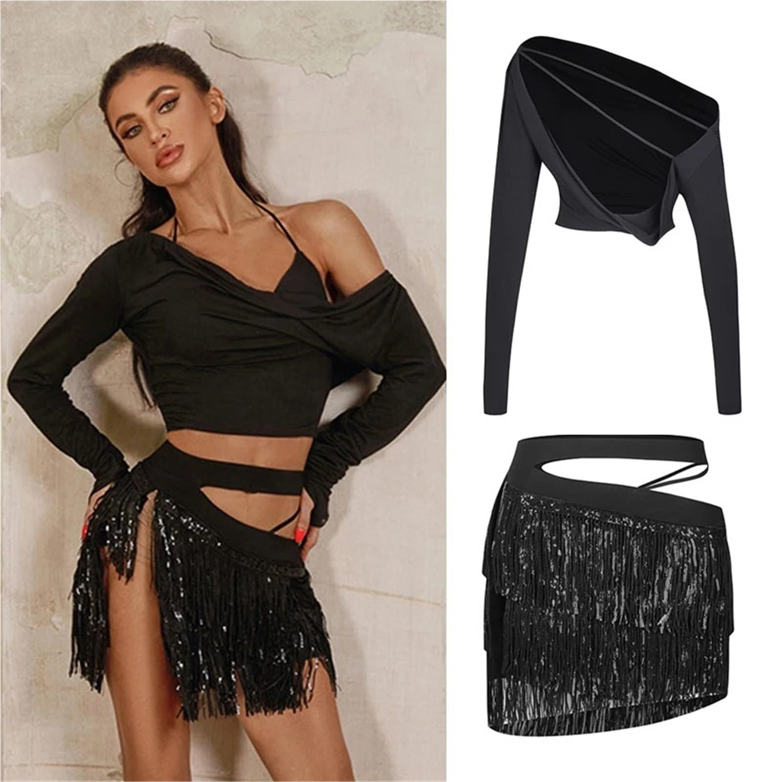 Vestiti da Ballo Latino Latin Dance Clothes Slant Shoulder Tops Seuqin Tassel Skirt Adult Cha Rumba Performance Costume Black Dress