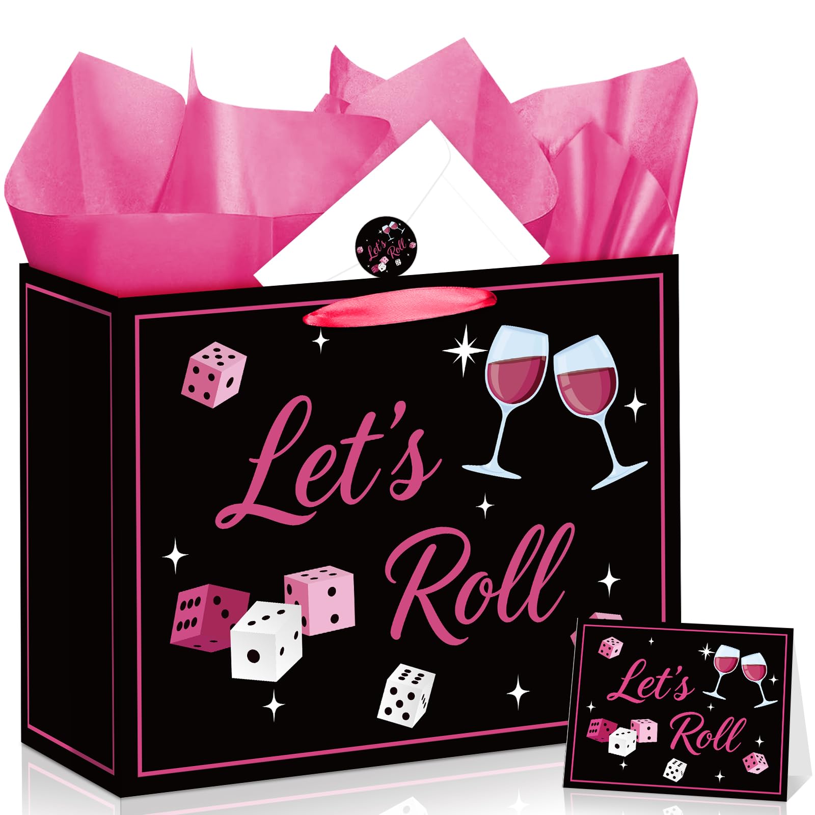 Bunco Gift Bag Set Dice Wine All-in-One Gift Wrapping Kit with Greeting Card, Sticker, Envelope and Tissue Paper for Birthday, Bridal Shower, Girls Night, Let's Roll Bachelorette Party Favors Decor