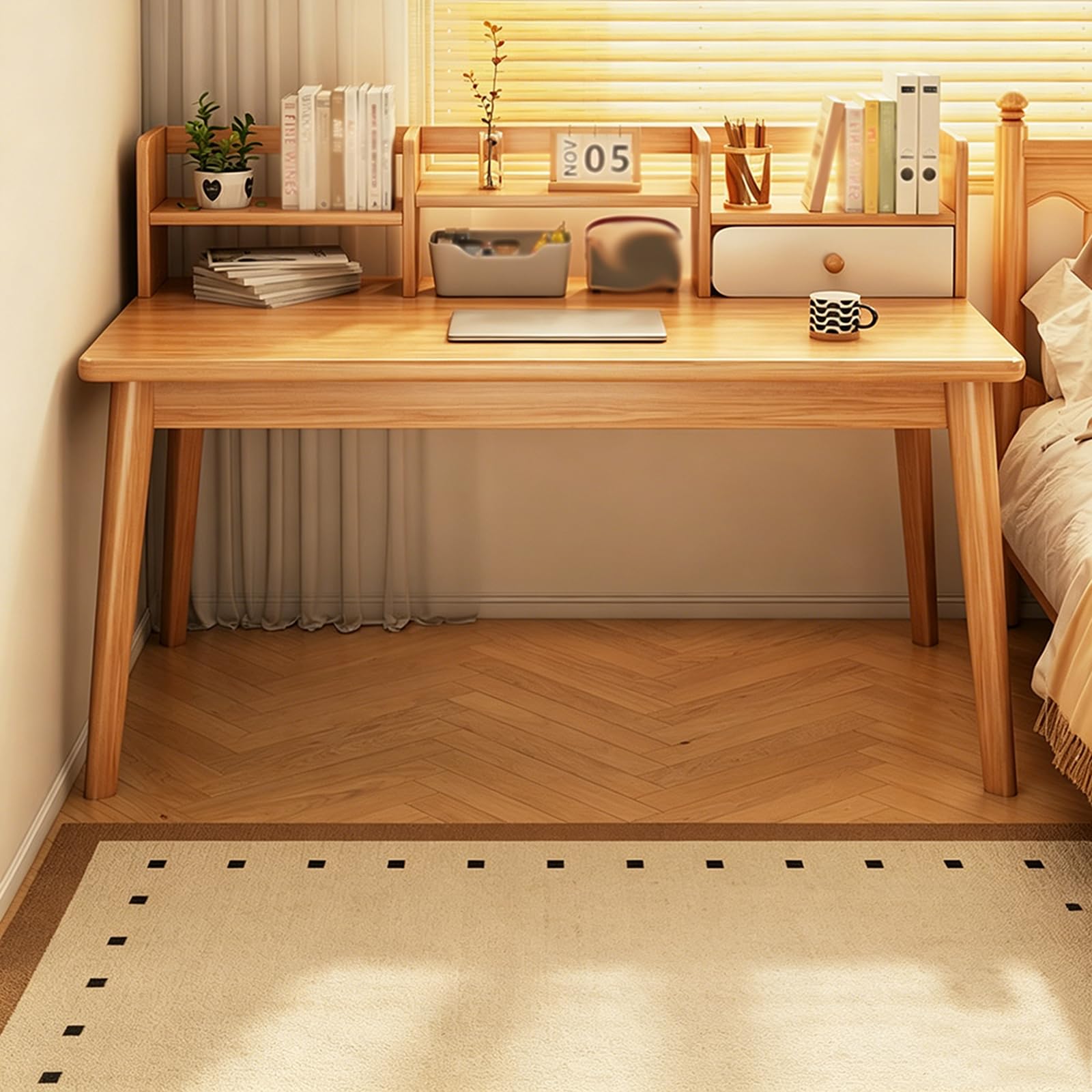 Mescxty Natural Solid Wood Writing Desk, Mid-Century Modern Computer Desk With Hutch And Drawers, Simple Study Table For Home Office Workstation With Open Storage Shelf(100X60cm(39X24inch), )