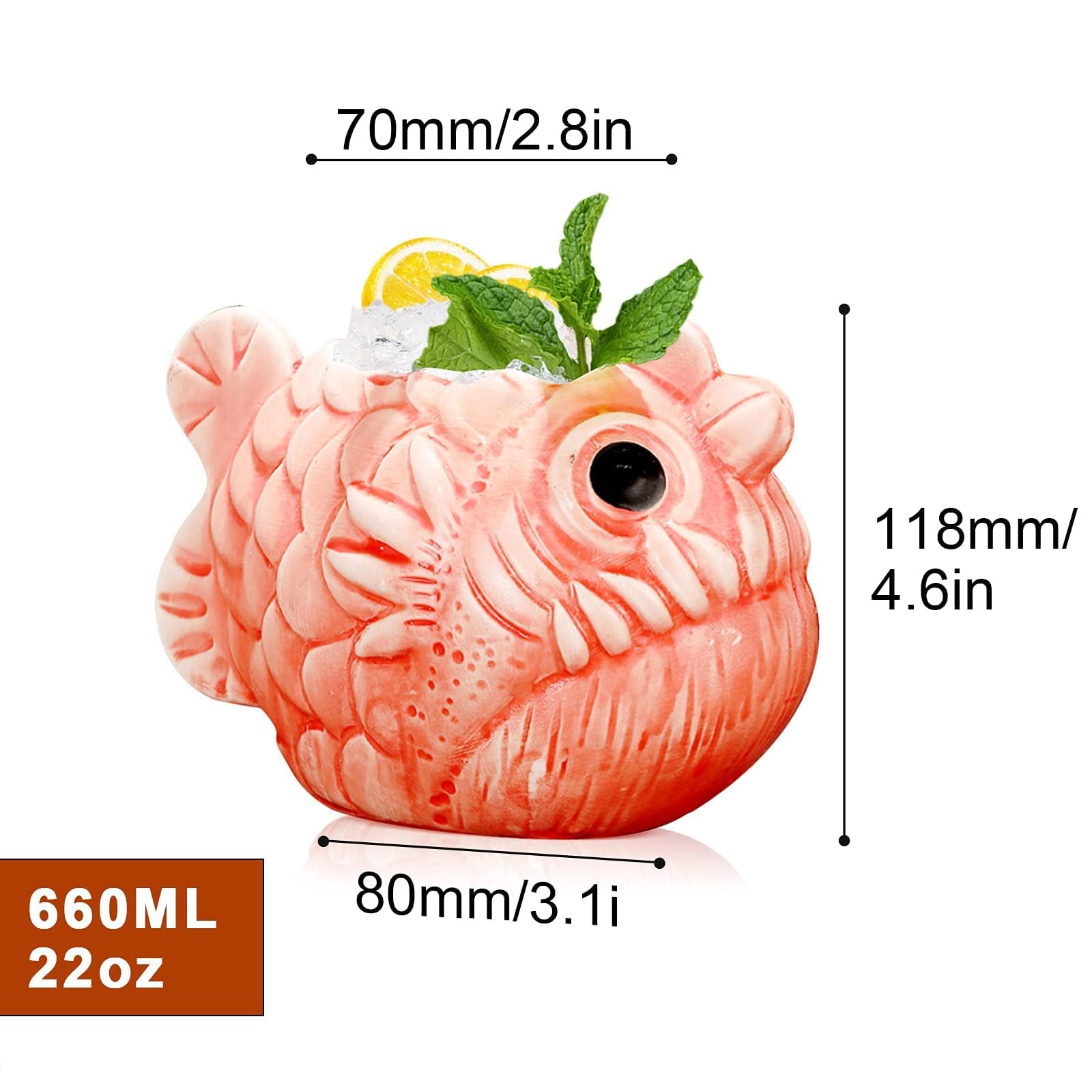 Tiki Tassen, Fisch-Cocktailbecher, 650 ml, Set mit 2 kreativen roten Tiki-Gläsern, Bar, große Keramik, hawaiianisches Thema, tropische Barware für Party, Barzubehör