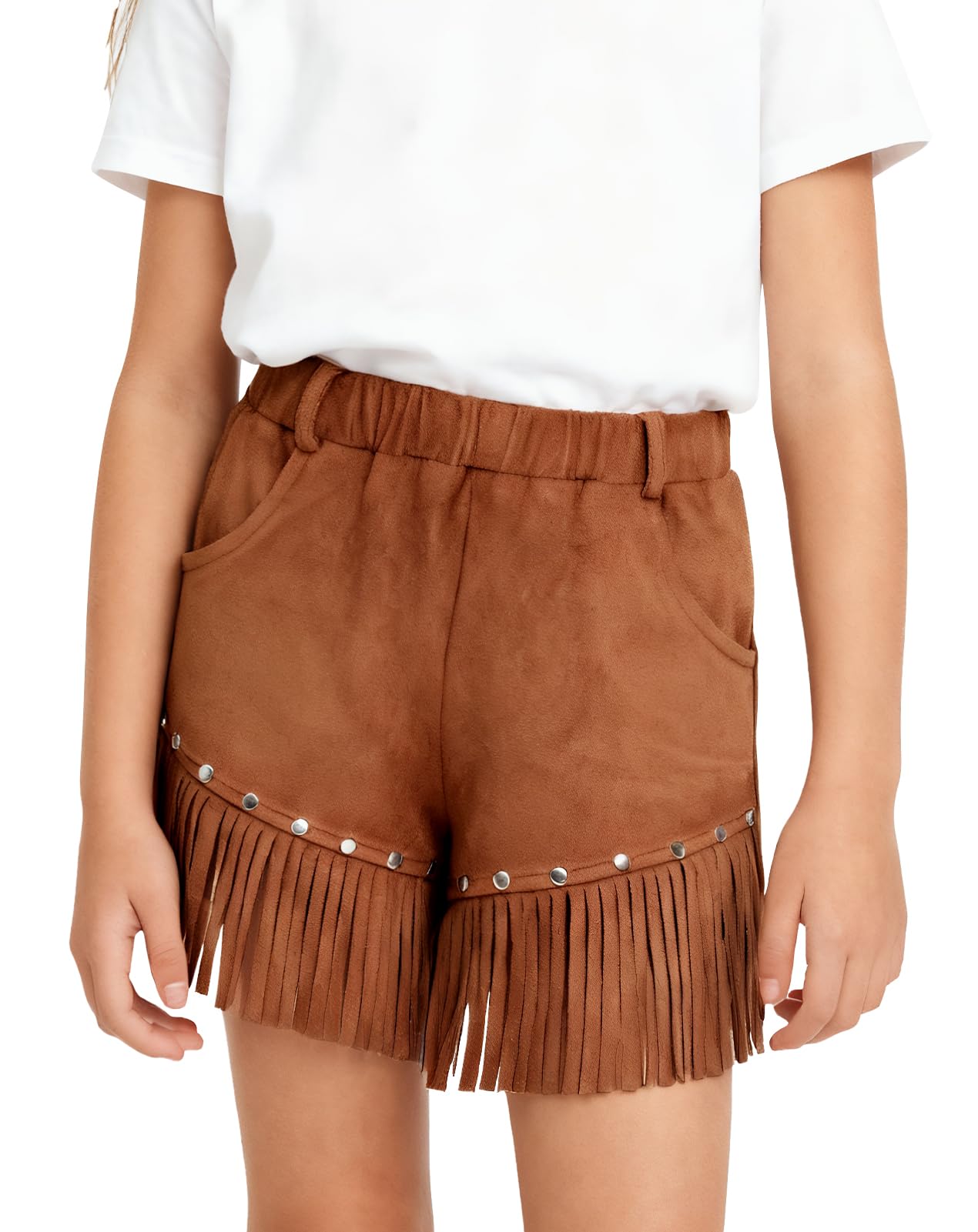 Maeau Pantaloncini da ragazza in finta pelle scamosciata con frange pantaloncini con nappe abiti da cowgirl con tasche rivetti pantaloni corti Boho
