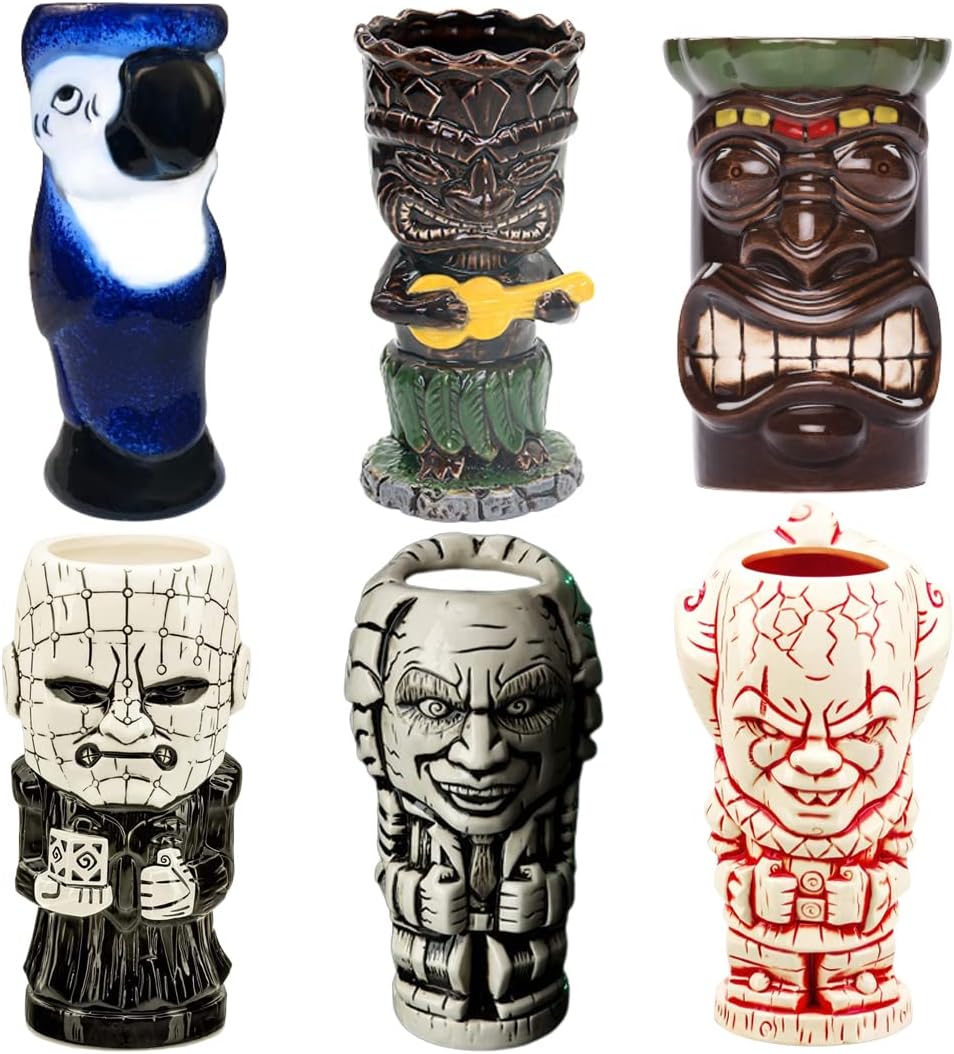 Tiki Mug Set of 6 for Cocktails - Unique Party Mugs for Exotic Drinks and Fun Gatherings - Hawaiian Luau Inspired Drinkware Collection - Colorful Ceramic Tumblers for Tiki Bars and Home Entertaining