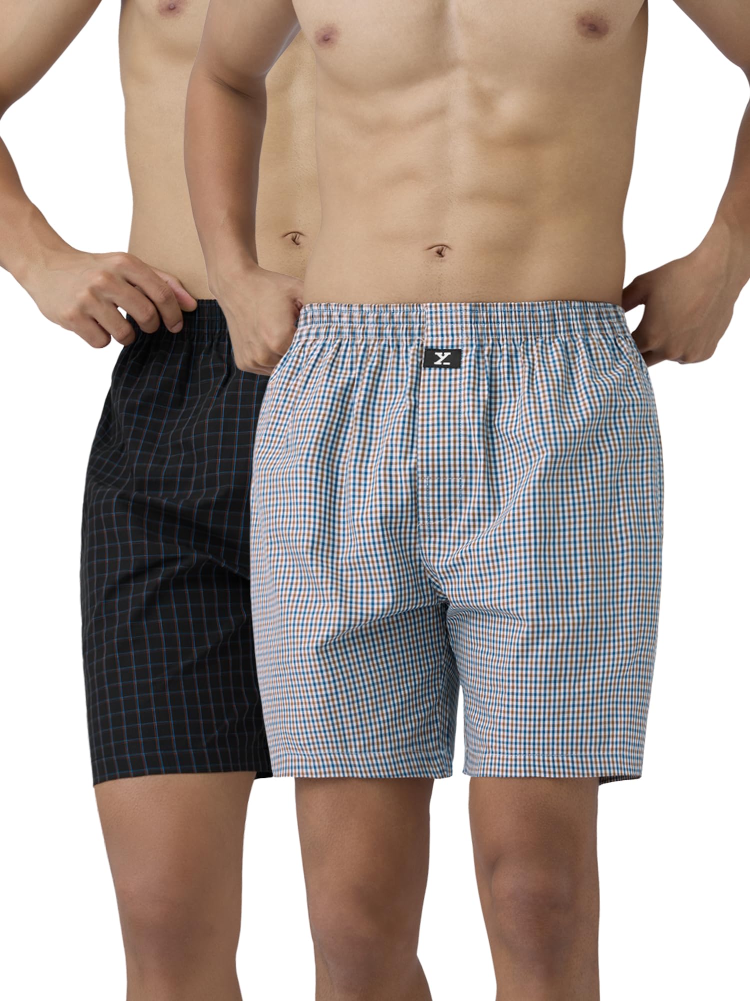 XYXX Men's Super Combed Cotton Checkmate Boxer Shorts Elasticated Waist, Drawstring | Loungewear for Men Pack of 2 (L; Blue Checks + Orange & Blue Checks)