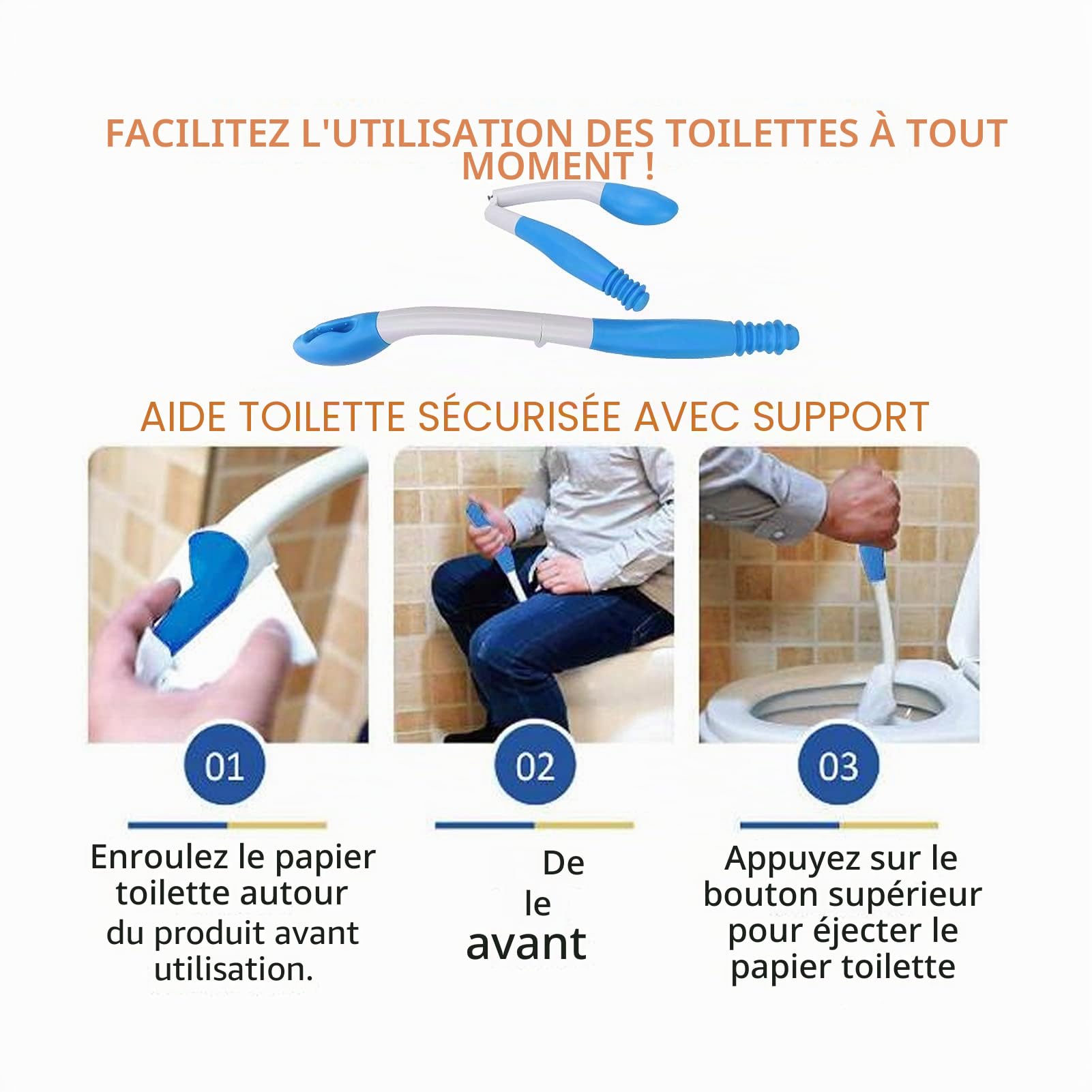 Aide aux Toilettes avec Poignée Longue Portée, Outil d'Assistance Mobilité pour Essuyage sans Se Pencher, Pince Papier Toilette Confortable