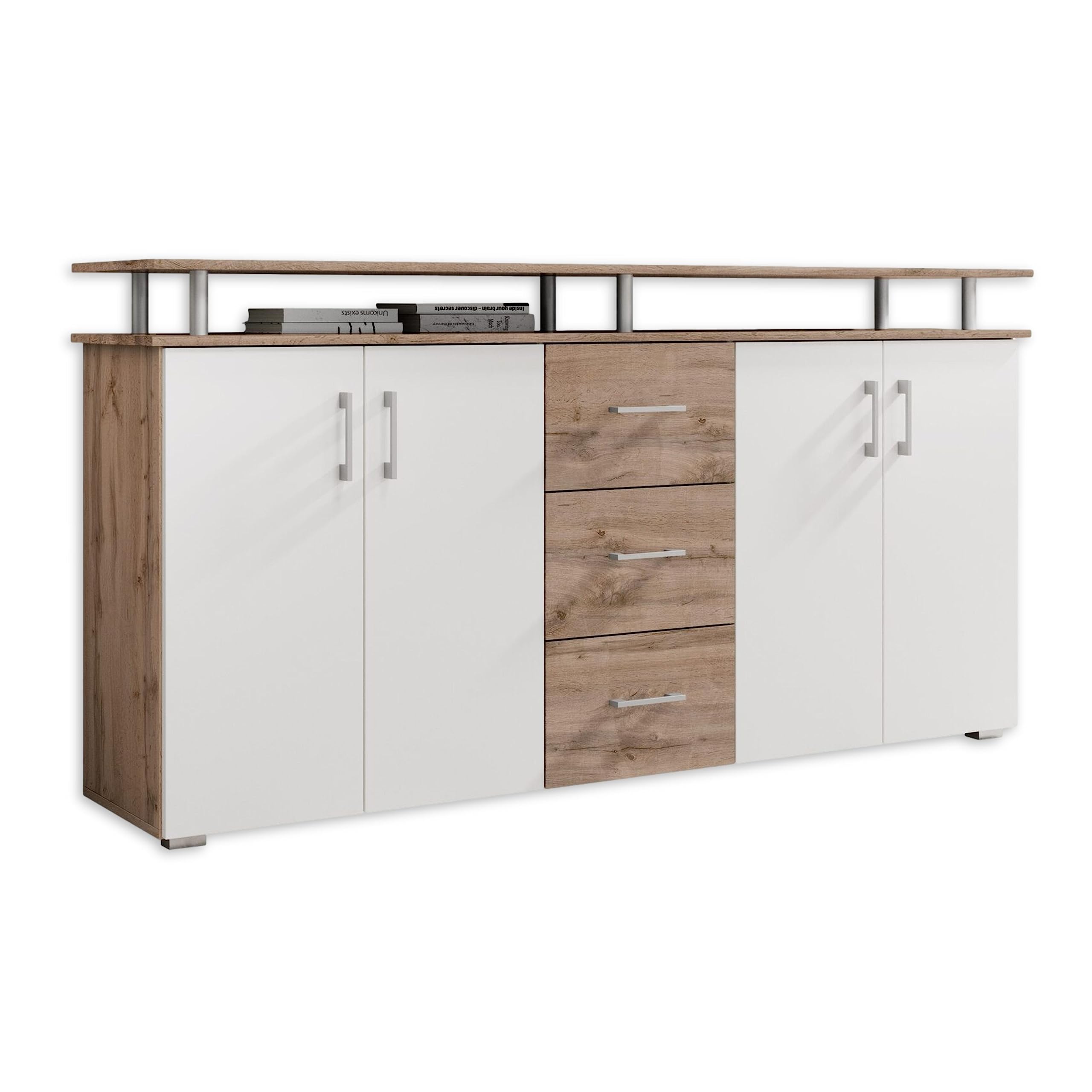 LIFT Highboard mit Ablage in Wildeiche Optik, Weiß - Moderner Wohnzimmerschrank mit Schubladen und viel Stauraum für Ihren Wohnbereich - 178 x 90 x 38 cm (B/H/T)