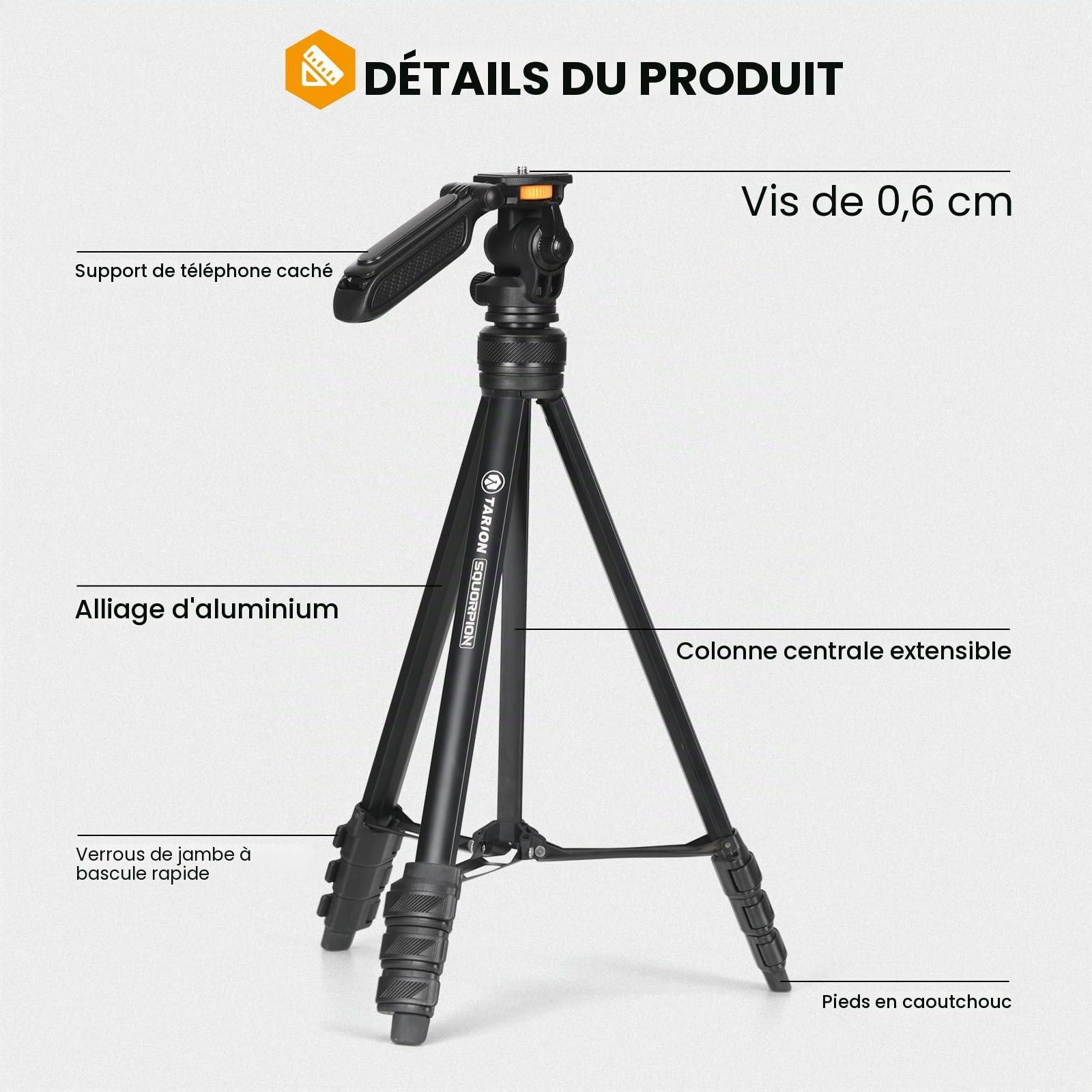 TARION Trepied Appareil Photo Compact: Trepied Telephone Smartphone Portable avec Tête de Trépied Amovible Trepied de Voyage Camera DSLR Leger pour Vidéo Vlog Stream Photographie Squorpion
