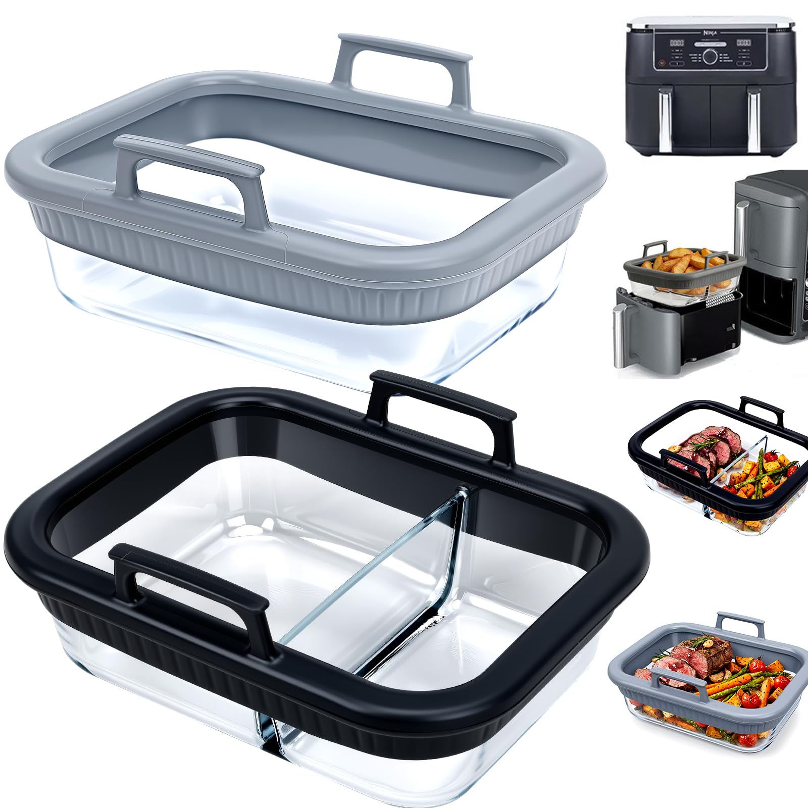 mobumeia Glas Auflaufform Airfryer 2Pcs für COSORI Philips Ninja Heißluftfritteuse AF400 AF500 SL400, Glas Airfryer Zubehör inklusive 2 Deckel, BPA-frei, Herausnehmbarer Silikonring, Spülmaschinenfes