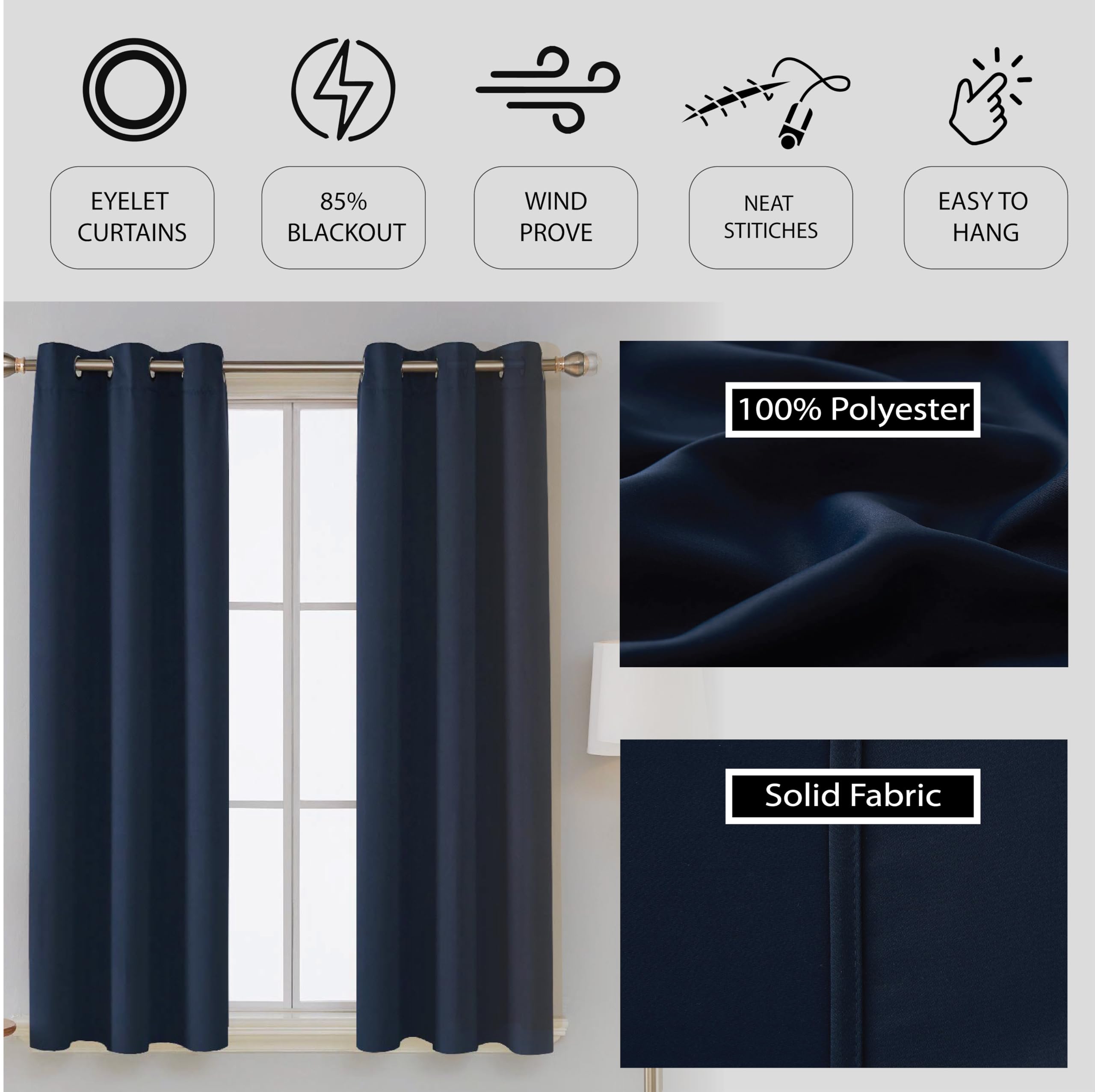 funky gadgets Blackout Curtains for Bedroom 54 Inch Drop Thermal Insulated Eyelet Curtains & Drapes Black Out Curtain for Kitchen Living Room 2 Panels (46x54 Inch Navy Blue) - Image 4