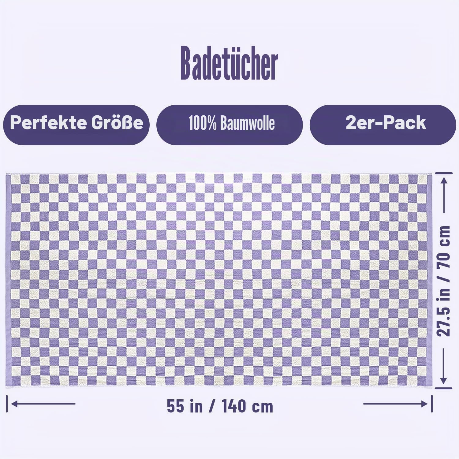 Jacquotha Duschtücher für Badezimmer, 70 x 140 cm, schnell trocknend, weiches Handtuch (2er-Pack), niedliche Handtücher, kariert, 520 g/m², saugfähige Baumwollhandtücher