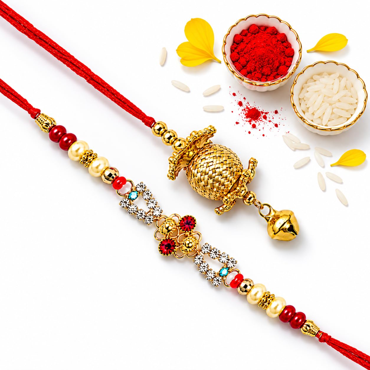 Cyan Collection Designer Brother Rakhi & Gold Jhumka Lumba Combo with Roli Chawal | Traditional Red Mauli Thread | Raksha Bandhan Gift for Bhaiya Bhabhi | Set of 2-image-20