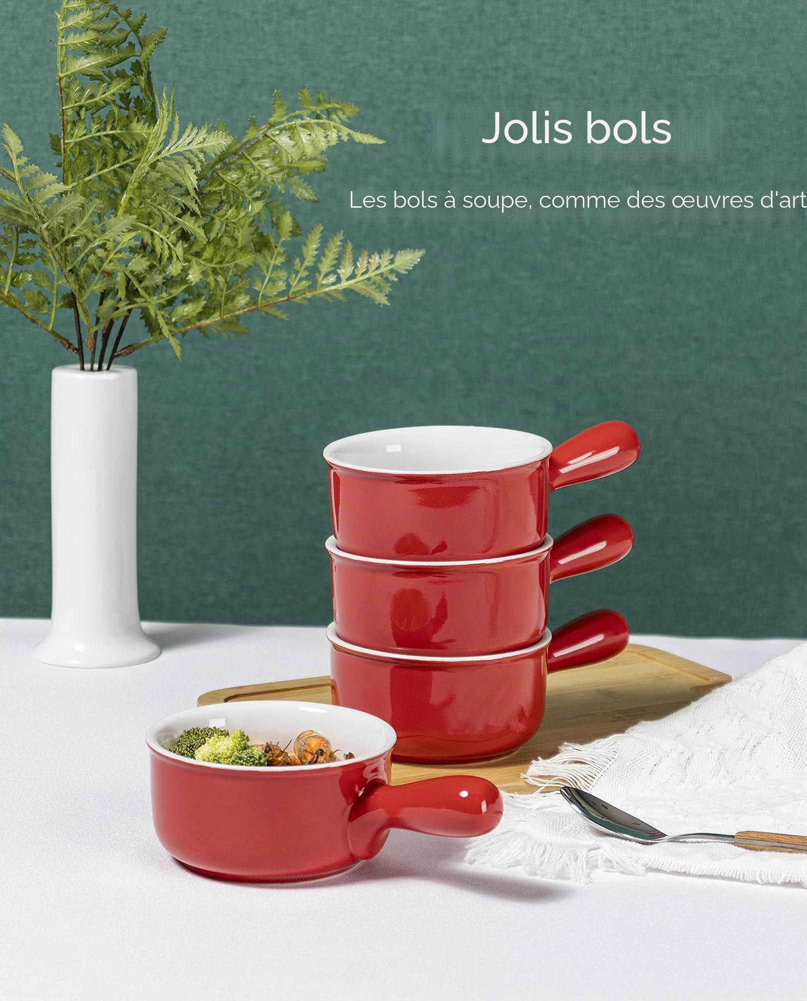 Henten Home 4pcs Bols à Soupe, Bol Petit Déjeuner à l'oignon en Céramique - 400ml, Bols avec Poignées pour 4 Personnes, Four et Lave-vaisselle Convient - Rouge