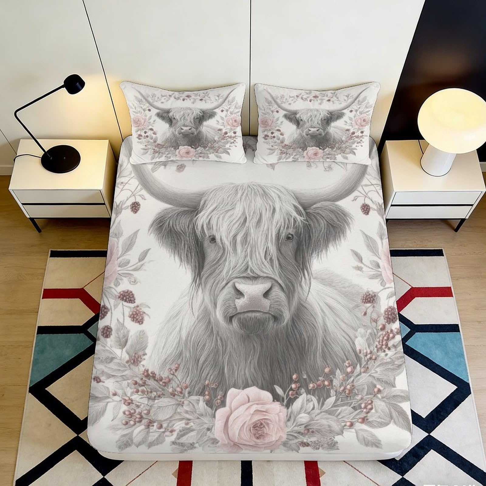3D Printed Highland Cow Floral Fitted Sheet Microfiber Deep Pocket Non-Slip Bedroom Bedding Highland Cow Mattress Fitted Cover for Adults Teens 140x200x25cm