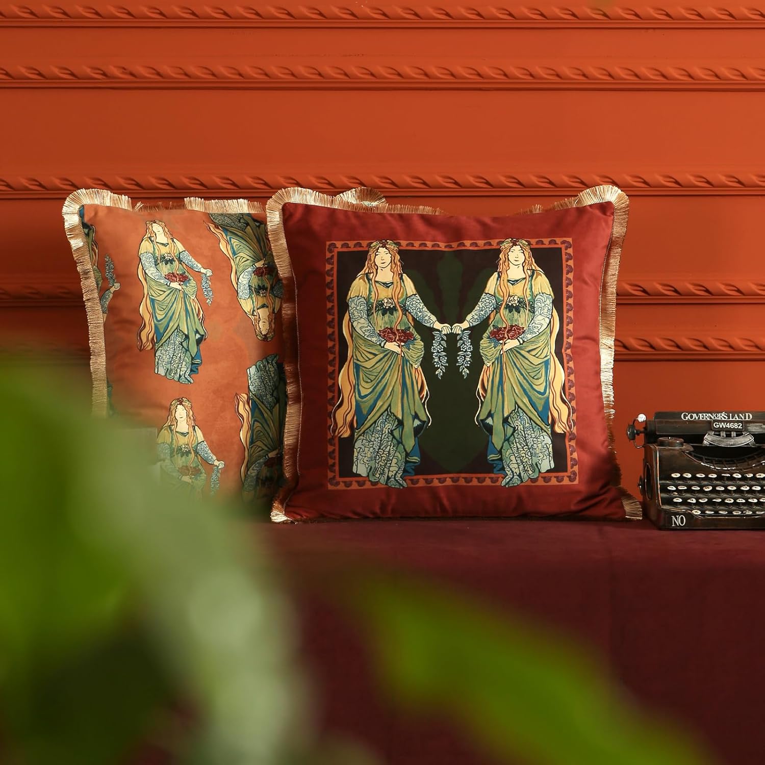 patdrea Designer Vintage Red Velvet Throw Pillow Covers 18x18 Inch,Ancient Civilization Characters Pattern,Decorative Square Pillowcases Cushion for Bed Living Room Outdoor Car,Pack of 2