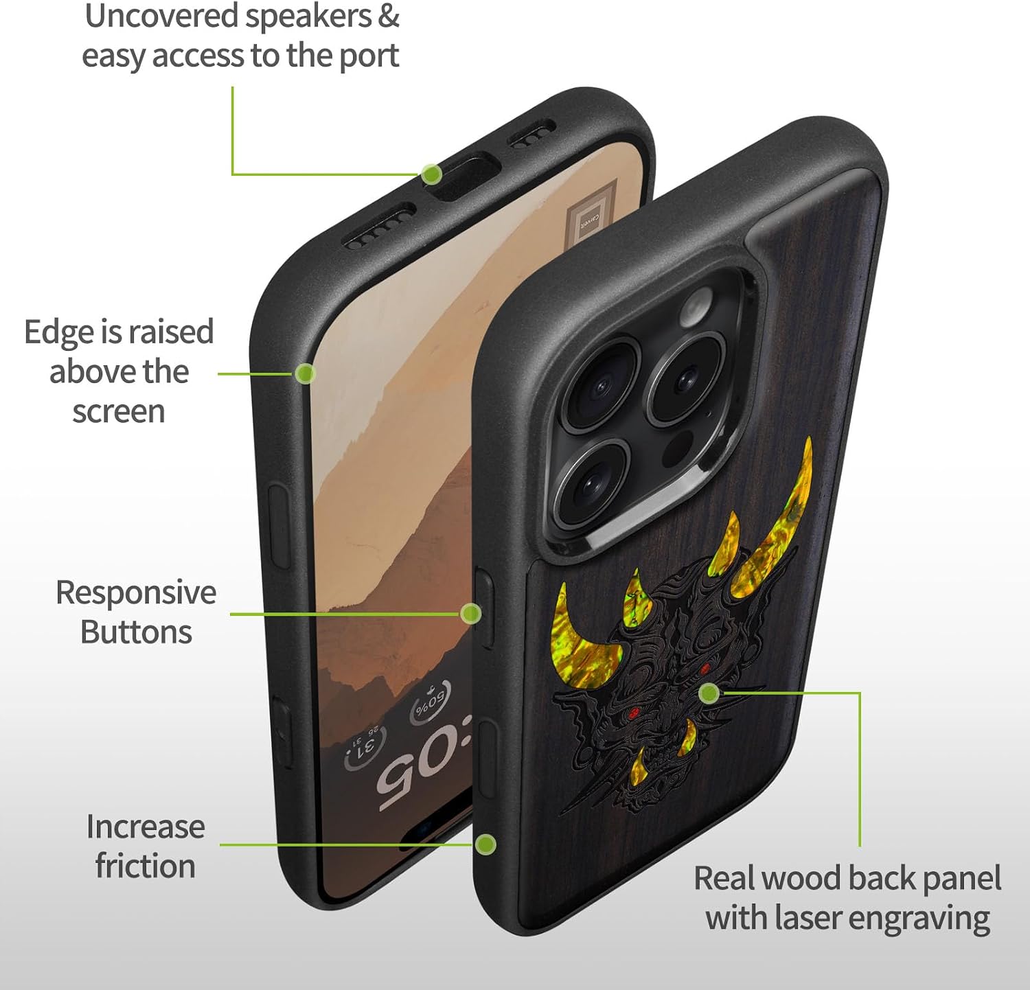 Carveit Magnetic Case for iPhone 16 Pro Max Case, Wood Artisan Engraved & Handmade Shell Inlaid, TPU Shockproof Cover, Compatible with MagSafe Wireless Chargers (Japanese Oni Mask) Blackwood