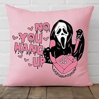 Funny No You Hang Up First Pink Horror Ghost Design Throw Pillow Cover Pillowcase Valentine's Day Halloween Pillowcase Decoration for Sofa Bedroom Livingroom Car Birthday Party Supplies 18'' x 18''
