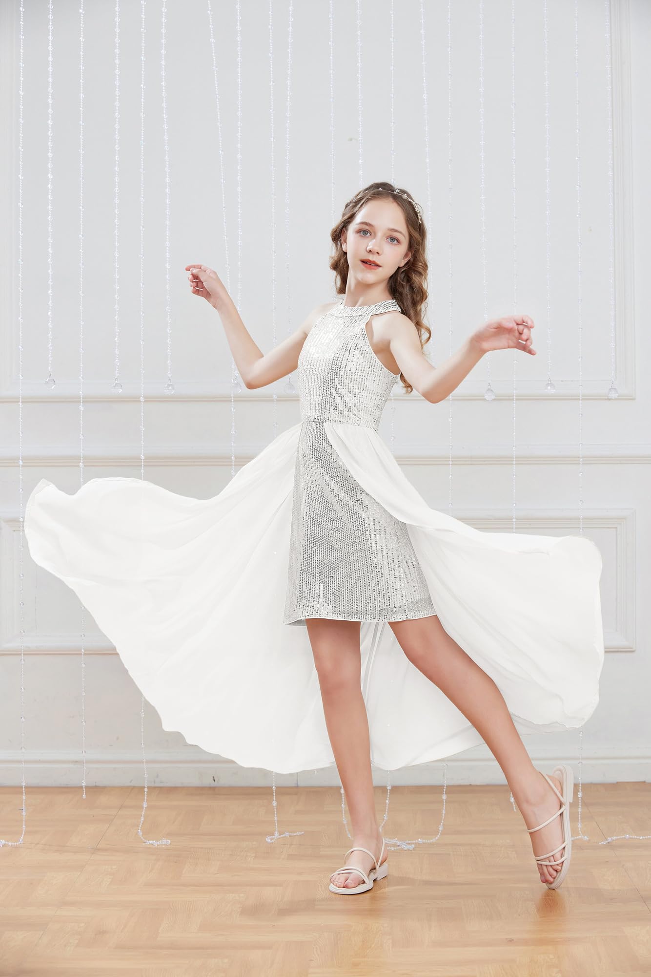 GRACE KARIN Niñas Vestido de Fiesta con Lentejuelas Cuello Halter Línea A Decorado con Capa de Gasa