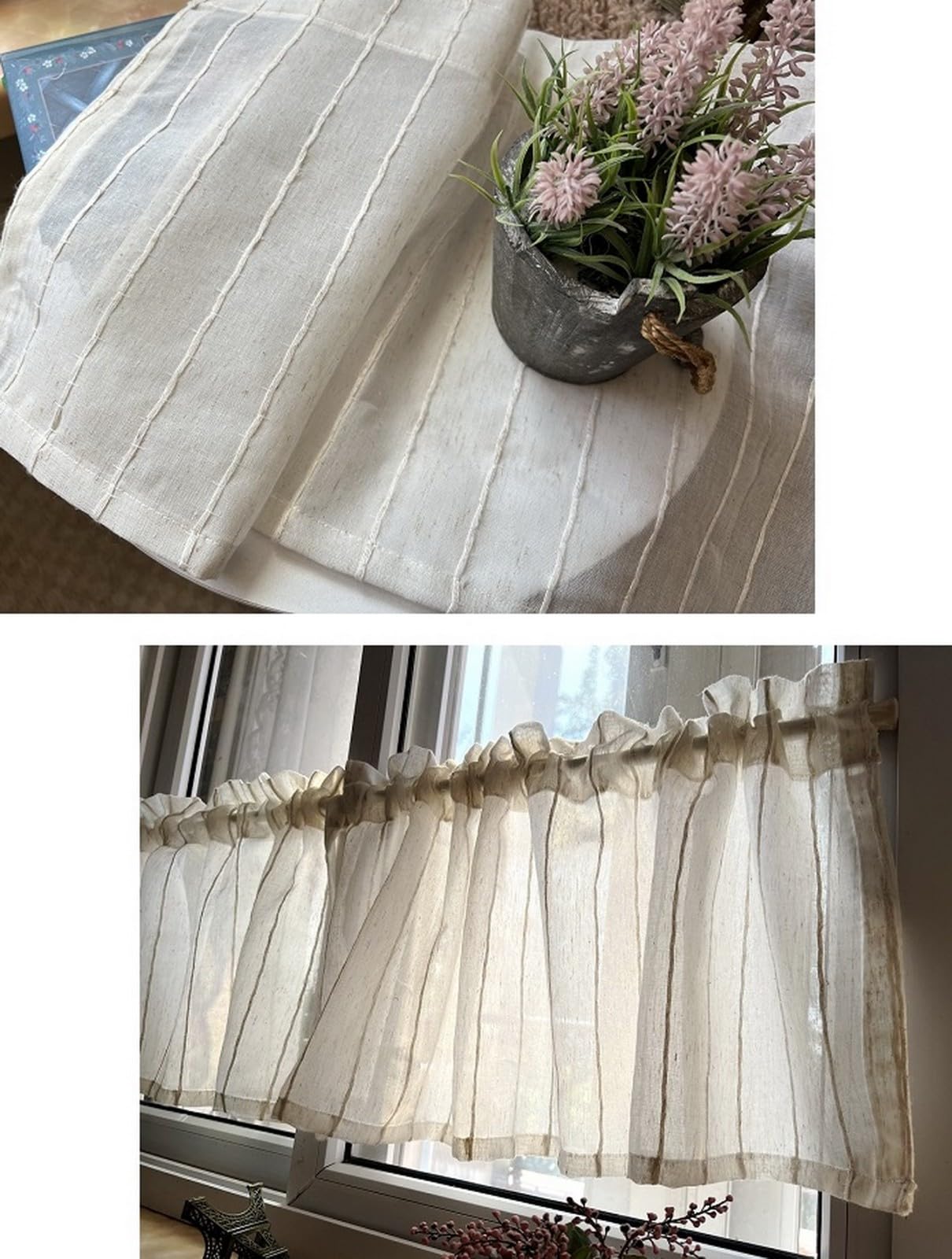 A.Monamour Gardine Scheibengardinen Kurzstores Halbtransparenter Gestreifter Voile Vorhang Kurzvorhang Kurzgardinen Küchengardine Küche Vorhang Fenster Kurz Stores Bistrogardine